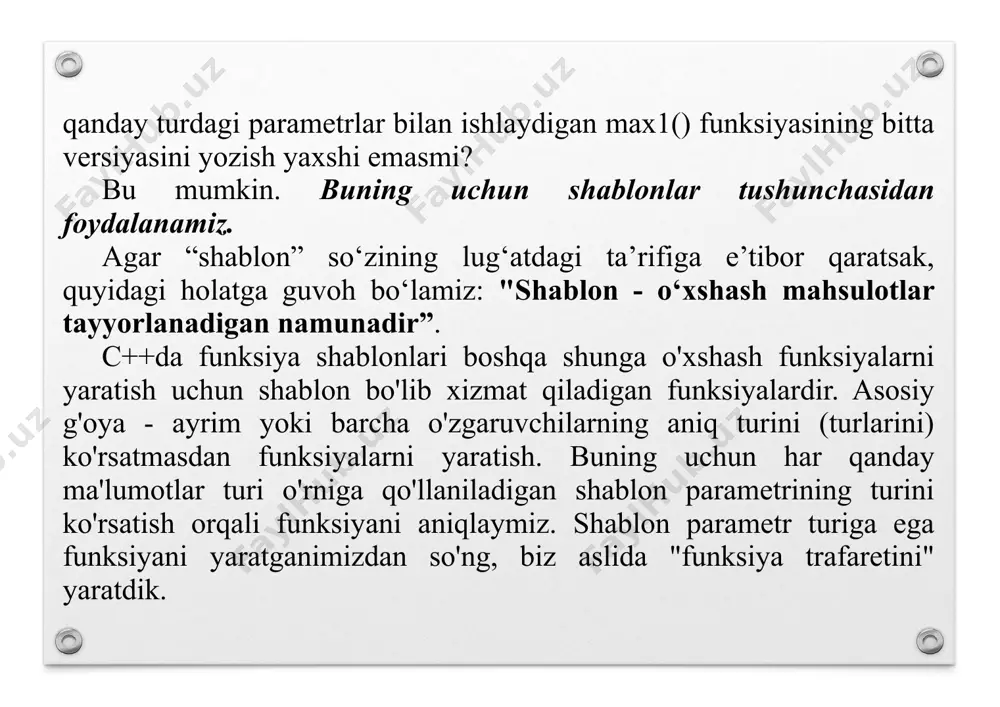 asiz (muntazam funksiyaning bitta versiyasi). funksiya shablonlari kodingizni qo'shimcha saqlashni ancha osonlashtiradi va ular xavfsizroqdir, chunki siz yangi ma'lumotlar turini qo'llab-quvvatlashingiz kerak bo'lganda funksiyani qo'lda ortiqcha yuklashingiz, kodni nusxalashingiz va faqat ma'lumotlar turlarini o'zgartirishingiz shart emas. funksiya shablonlari bir nechta kamchiliklarga ega va agar ular haqida gapirmasak, kechirilmas bo'lar edi: - birinchidan, ba'zi eski kompilyatorlar funksiya shablonlarini yoki qo'llab-quvvatlamasligi mumkin, lekin cheklovlar bilan. biroq, bu endi avvalgidek muammo emas. - ikkinchidan, funksiya shablonlari ko'pincha aqldan ozgan xato xabarlarini ishlab chiqaradi, bu oddiy funksiya xatolaridan ko'ra shifrlash qiyinroq. - uchinchidan, funksiya shablonlari kompilyatsiya vaqtini va kod hajmini oshirishi mumkin, chunki bitta shablonni bir nechta fayllarda “amalga oshirish” va qayta kompilyatsiya qilish mumkin. funksiya shablonlarining kuchi va moslashuvchanligi bilan solishtirganda, bu kamchiliklar juda kichikdir! eslatma: c++ standart kutubxonasi o'z arsenalida max1() funksiya shabloniga ega (algoritm sarlavhasi faylida topilgan), shuning uchun kelajakda ushbu funksiya ni qo'lda amalga oshirish kerak bo'lmasligi mumkin. bunga qo'shimcha …