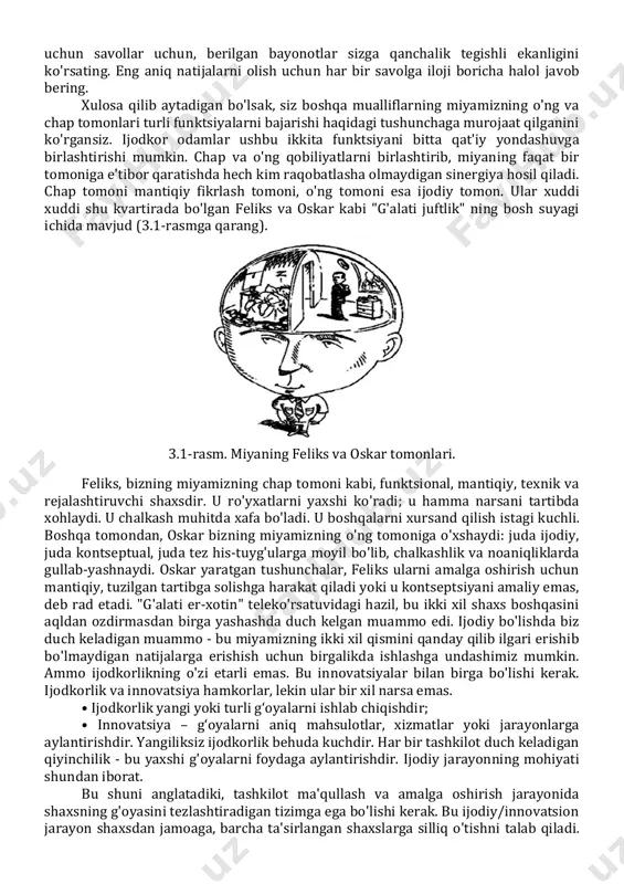 ungi muhitda uchinchi munosabat maqbul bo'lgan yagona narsadir. bizning xodimlarimiz, ehtimol, bizning tashkilotlarimizdagi eng qimmatli manbadir. yangi mahsulot va xizmatlarni ishlab chiqishda yoki muammolarimizni hal qilishda ulardan unumli foydalanamizmi? xodimlarimizdan ijodiy bo'lishni talab qiladigan muhitni ta'minlamagan holda, bu ajoyib g'oyalar oltin konini qazib olmasak, biz muhim imkoniyatni qo'ldan boy beryapmiz. biz ularning aqliy imkoniyatlaridan, tajribalaridan samarali va samarali foydalanishimiz kerak. agar tashkilot omon qoladigan bo'lsa, bu qobiliyatni kengaytirishga yordam berish muhimdir. robert e. franken inson motivatsiyasi haqidagi asarida ijodkor bo'lish uchun narsalarga turli nuqtai nazardan qaray olish kerakligini ta'kidlaydi. ijodkorlik moslashuvchanlik va noaniqlikka toqat qilish kabi fikrlashning asosiy fazilatlari bilan bog'liq. ushbu ijodiy muammoni hal qilish testi muammoni hal qilishga bo'lgan munosabatingiz va muammoga qanday yondashayotganingiz ijodiy fikrlash uchun qulay yoki yo'qligini baholash uchun ishlab chiqilgan. test ikki turdagi savollardan iborat*: stsenariylar va o‘z-o‘zini baholash. har bir stsenariy uchun shunga o'xshash vaziyatda o'zingizni qanday tutishingizga qarab javob bering. o'z-o'zini baholash …