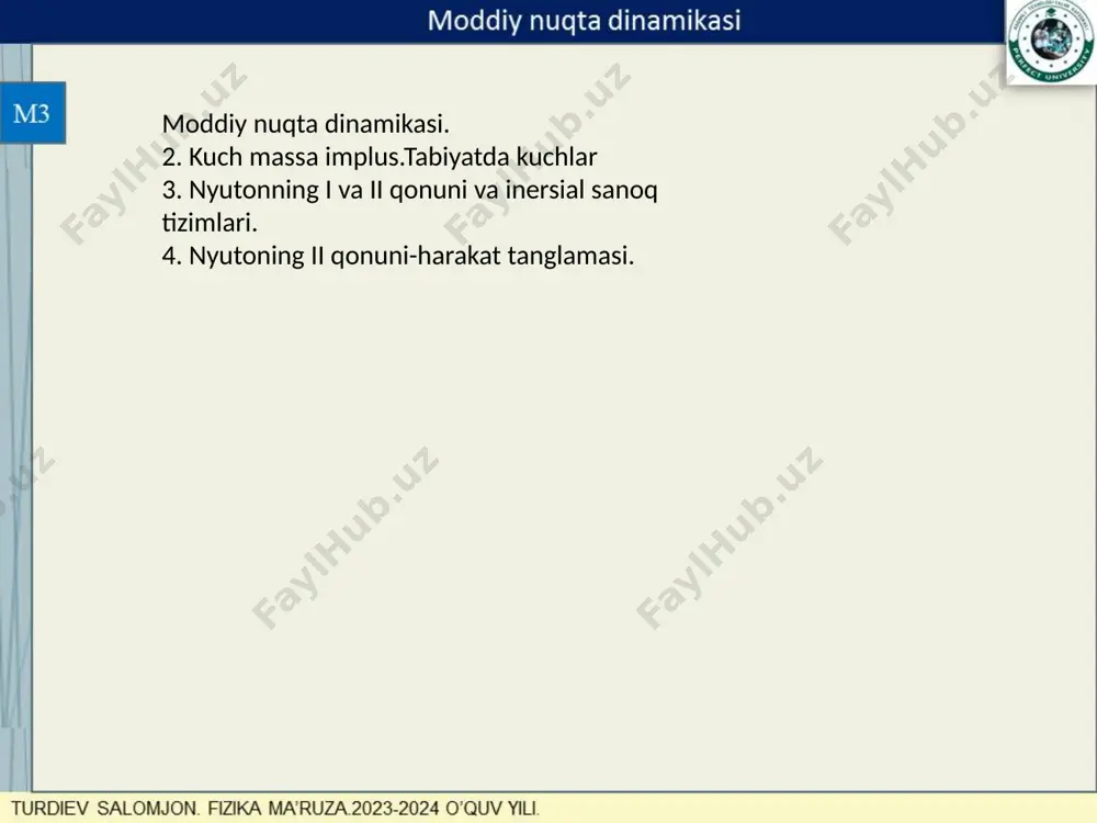 – materiyaning asosiy xususiyatlaridan biri bo‘lib, uning inertsial vagravitatsiyaviy xususiyatlarini belgilaydi. inertsial massa jismi nertligining o‘lchov birligi bo‘lib, inertlikni o‘zi esa, jismning o‘z holatini saqlab qolish xususiyatidir. nyutonning birinchi qonunidagi ta’sirni ta’riflash uchun kuch tushunchasini kiritish zarurdir. tashqi kuch ta’sirida jism o‘zining harakat tezligini o‘zgartiradi, tezlanishga ega bo‘ladi yoki o‘zining shakli va o‘lchamlarini o‘zgartirishi mumkin – deformatsiyalanadi. demak kuch ikki xil ta’sirga egadir: dinamik va statik. vaqtning har bir belgilangan momentida, kuch o‘zining qiymati, fazodagi yo‘nalishi va qaysi nuqtaga qo‘yilgani bilan xarakterlanadi. shunday qilib , kuch vektor kattalik bo‘lib, berilgan jismga boshqa jism yoki maydonlarning mexanikaviy ta’siri o‘lchovi bo‘la oladi. nyutonning ikkinchi qonuni. nyutonning ikkinchi qonuni – ilgarilanma harakat dinamikasining asosiy qonuni bo‘lib, tashqi qo‘yilgan kuch ta’sirida moddiy nuqta yoki jismning mexanikaviy harakati qanday o‘zgarishini tushuntirib beradi. moddiy nuqta yoki jismga har xil kuchlar ta’sir etganda, tezlanish qo‘yilgan kuchlarning teng ta’sir etuvchi qiymatiga proportsionaldir. jismga tasir qilayotgan og`irlik kuchi, uning …
