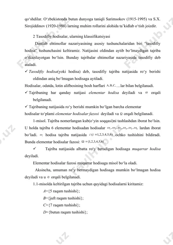inlarini tahlil qilish natijasida yuzaga kela boshlagan. shu boisdan ehtimollar nazariyasining paydo bo‘lishi xvii asr ikkinchi yarmiga mos keladi va u paskal (1623-1662), ferma (1601-1665) va gyuygens (1629-1695) kabi olimlarning qimor o‘yinlarini nazariyasidagi tadqiqotlari bilan bog‘liqdir. ehtimollar nazariyasi rivojidagi katta qadam yakov bernulli (1654-1705) ilmiy izlanishlari bilan bog‘liqdir. unga, ehtimollar nazariyasining eng muhim qonuniyati, deb hisoblanuvchi “katta sonlar qonuni” tegishlidir. ehtimollar nazariyasi rivojidagi yana bir muhim qadam de muavr (1667-1754) nomi bilan bog‘liqdir. bu olim tomonidan normal qonun (yoki normal taqsimot) deb ataluvchi muhim qonuniyat mavjudligi sodda holda asoslanib berildi. keyinchalik, ma’lum bo‘ldiki, bu qonuniyat ham, ehtimollar nazariyasida muhim rol’ o‘ynar ekan. bu qonuniyat mavjudligini asoslovchi teoremalar “markaziy limit teoremalar” deb ataladi. ehtimollar nazariyasi rivojlanishida katta hissa mashhur matematik laplasga (1749-1827) ham tegishlidir. u birinchi bo‘lib ehtimollar nazariyasi asoslarini qat’iy va sistematik ravishda ta’rifladi, markaziy limit teoremasining bir formasini isbotladi (muavr-laplas teoremasi) va ehtimollar nazariyasining bir necha tadbiqlarini keltirdi. ehtimollar …