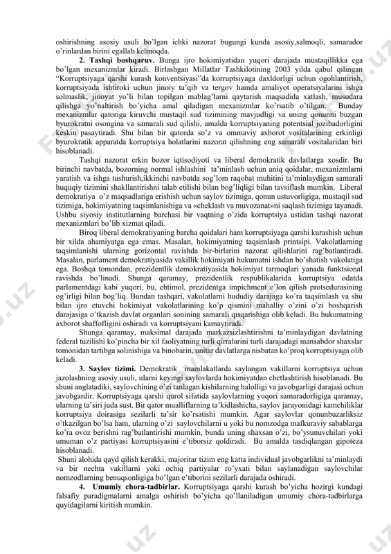 agi axloqiy-ma’naviy normalarni ishlab chiqish va ularga amal qilishni ta’minlash; uchinchidan, mustaqil va adolatli sud tizimini yaratish kabilar bilan tavsiflanadi. shunga ko’ra mamlakatni modernizatsiya qilishda merkantilizmni yo’q qilish bo’yicha chora-tadbirlar ko’rildi. o’shandan beri davlat tomonidan tartibga solish firmalarga qaraganda ko’proq uy xo’jaliklariga qaratildi,bunda e’tibor taqiqlash va ruxsatnomalar berishga emas, balki imtiyozlarni soliqlar yukini kamaytirish va shu kabilar orqali berishga qaratildi. ichki davlat hujjatlaridan foydalanish imkoniyati ochildi,mustaqil va samarali sudlovga asoslangan adolat tizimi yaratildi. shu bilan birga, shvetsiya parlamenti va hukumati ma’murlar uchun yuqori axloqiy me’yorlarni o’rnatdi va ularni bajarish boshlandi. natijada, bir necha yil o’tgach, halollik amaldorlar (byurokratiya) o’rtasida ijtimoiy normaga aylandi. yuqori martabali amaldorlarning ish haqi dastlab ishchilarning ish haqidan 12-15 baravar oshib ketdi, ammo vaqt o’tishi bilan bu farq ikki baravarga kamaydi[footnoteref:2]. bugungi kunda shvetsiya dunyodagi eng past korruptsiya darajasiga ega davlatlardan biri sanaladi. [2: lindbeck a. swedish lessons for post-socialist countries. — institute for international economic studies, …