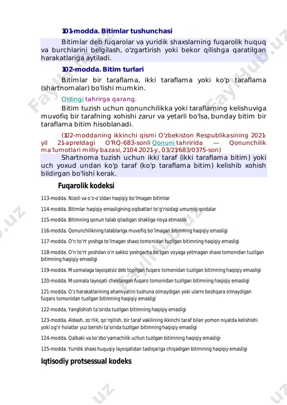 majbur qilinishi mumkin emas. murojaat etish huquqining amalga oshirilishi boshqa jismoniy va yuridik shaxslarning huquqlarini, erkinliklarini hamda qonuniy manfaatlarini, shuningdek jamiyat va davlat manfaatlarini buzmasligi kerak. xorijiy davlatlarning jismoniy va yuridik shaxslari, fuqaroligi bo‘lmagan shaxslar o‘zbekiston respublikasi davlat organlariga ushbu qonunga muvofiq murojaat etish huquqiga ega. konstitutsiya 55-modda. har kim o‘z huquq va erkinliklarini qonunda taqiqlanmagan barcha usullar bilan himoya qilishga haqli. har kimga o‘z huquq va erkinliklarini sud orqali himoya qilish, davlat organlarining hamda boshqa tashkilotlarning, ular mansabdor shaxslarining qonunga xilof qarorlari, harakatlari va harakatsizligi ustidan sudga shikoyat qilish huquqi kafolatlanadi. 101-modda. bitimlar tushunchasi bitimlar deb fuqarolar va yuridik shaxslarning fuqarolik huquq va burchlarini belgilash, o‘zgartirish yoki bekor qilishga qaratilgan harakatlariga aytiladi. 102-modda. bitim turlari bitimlar bir taraflama, ikki taraflama yoki ko‘p taraflama (shartnomalar) bo‘lishi mumkin. oldingi tahrirga qarang. bitim tuzish uchun qonunchilikka yoki taraflarning kelishuviga muvofiq bir tarafning xohishi zarur va yetarli bo‘lsa, bunday bitim bir taraflama bitim …