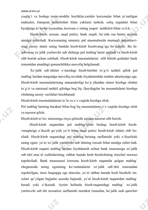i asso-sida, byudjetga to`lovlar o`z vaqtida to`lanmagan bo`lsa va h.k.). shunday qilib, хyus bankdagi hisob-kitob raqamining to`la, ya`ni belgilangan maqsadga sarflanishi ustidan nazorat olib boradi. hisob-kitob raqamidagi muomalar hisobvarag`idagi muomalalar hisobini yuritish uchun ”hisob-kitob” raqamidan foydalaniladi. buxgalteriya hisob re-gistrlari, ya`ni jurnallarida yozuvlar hisob-kitob raqami bo`yicha bankdan olingan ko`chirmalar va ularga ilovalar asosida amalga oshiriladi. ko`chirmalarga ilovalar - bu hisob-kitob amalga oshirilganlishiga asos bo`lib xizmat qilgan dastlabki hujjatlar bo`lib, ular jumlasiga to`lov topshiriqnomalari, to`lov talab-nomalari hamda hisobvaraq-fakturalar, xo`jalik shartnomalari kiradi. hisob-kitob raqami muomalalarini hisobga olish, umumlashtirish va moliyaviy hiso-botlarga kiritish maqsadida ana shu hisobvaraq bo`yicha maxsus jurnal yuritiladi. hisob-kitob raqamiga korxona faoliyati bilan bog`liq muomalalar yuzasidan quyidagi hollarda mablag` kelib tushadi: sotilgan mahsulot uchun; sotilgan ortiqcha materiallar, asosiy vositalar, nomoddiy aktivlar va boshqa tovar moddiy boyliklar, bajarilgan ish uchun; bankdan olingan kreditlar va boshqalar. masalan,xaridorga naqd pulga, ya`ni darhol pul o`tkazish yo`li bilan 54000 so`mlik mahsulot sotildi: dt hisob-kitob raqami - …