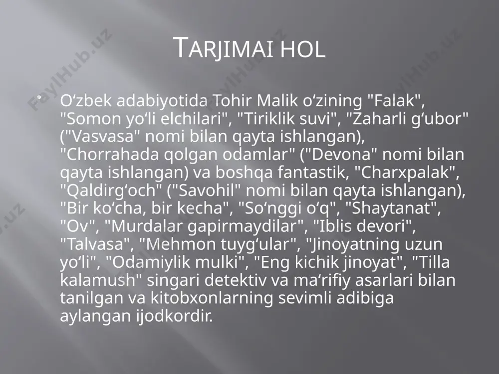 ilmiy-fantastik va sarguzasht yo‘nalishda yozadi. shu orqali ham hayot, odamlar va jamiyat haqida ancha keng mushohada yuritadi. shu bilan birga, «qaldirg‘och» kabi epik asarlar ham yaratgan. mazkur qissada abdulla avloniy hayoti va faoliyati, tarixi, taqdiri misolida 20-yillar o‘zbek ziyolilari sinfining shakllanishi haqida bahs yuritadi. shu orqali xalqimiz madaniy-ilmiy dunyoqarashi, kurashnni umumlashtirib beradi. tohir malik mohir hikoyanavis, qissanavisgina emas, jamoatchi. jurnalist va tarjimon sifatida ham faol xizmat qiladi. uning bolgar adabiyotidan qilgan tarjimalari, emil amit, axier hakimov, suhrob muhamedov kabi adiblar yaratgan bir qator hikoya, qissalarni o‘zbek tiliga tarjimasi keng o‘quvchiga taqdim etilgan. dastlabki hikoyasi 1960 yilda "gulxan jurnalida chop etiladi. 1963 yilda tohir malik toshkent davlat univeritetining kechki jurnalistika boʻlimiga oʻqishga kirib, kunduzi qurilishda duradgor, gʻisht teruvchi boʻlib ishlay boshlaydi. u ijodga doir mashqlarni davom ettirar ekan, ustoz-togʻaning ikki oʻgiti - "oʻzing yaxshi bilmagan narsani yozma", "boshqalar yurgan yoʻldan yurma, oʻz yoʻlingni top"ga hamisha amal kildi. bolalarga atab yozilgan hikoyalari …