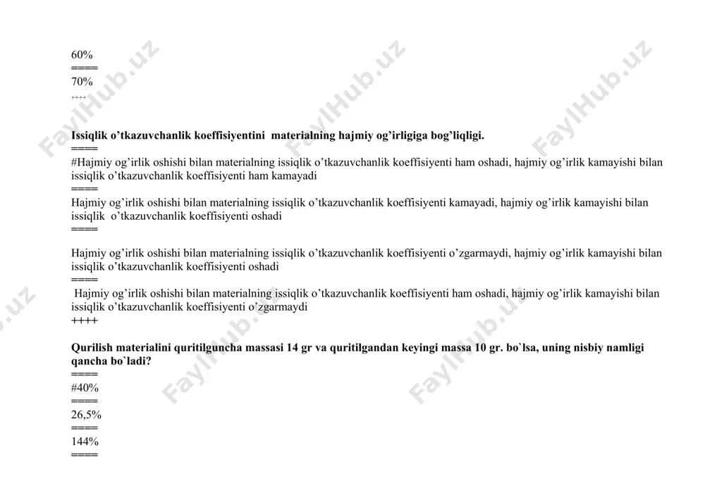 s ++++ qurilish materialini issiqlik-texnik xususiyatini ko`rsating: ==== #materialni issiqlik sig’imi ==== solishtirma hajmiy og’irligi ==== materialni g’ovakligi, zichligi ==== materialni hajmiy og’irligi ++++ issiqlikni nur orqali o`tishini qaysi muhitda kuzatish mumkin? ==== #bo`shliqda yoki gazli muhitda ==== suyuqlikda ==== qattiq jism va bo`shliqda ==== qattiq jism va suyuqlikda ++++ konvektiv issiqlik almashinuvi qaysi muhitda kuzatiladi? ==== #suyuqlik, bo`shlik va gazli muhitda ==== qattiq jism va bo`shliqda ==== qattiq jism va gazli muhitda ==== suyuqlik va qattiq jismda ++++ tashqi to`siq konstruktsiyadan issiqlik o`tish turlarini ko`rsating? qurilish materialini issiqlik-texnik xususiyatini ko`rsating: ==== #materialni issiqlik sig’imi ==== solishtirma hajmiy og’irligi ==== materialni g’ovakligi, zichligi ==== materialni hajmiy og’irligi ++++ issiqlikni nur orqali o`tishini qaysi muhitda kuzatish mumkin? ==== #bo`shliqda yoki gazli muhitda ==== suyuqlikda ==== qattiq jism va bo`shliqda ==== qattiq jism va suyuqlikda ++++ konvektiv issiqlik almashinuvi qaysi muhitda kuzatiladi? ==== #suyuqlik, bo`shlik va gazli muhitda ==== qattiq jism va …