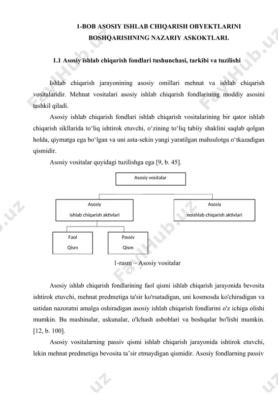 ktlari amaldagi qonun hujjatlariga muvofiq korxonaga biriktirilgan o'rmon va suv yerlari, foydali qazilmalar konlari bino sanoat binolari, omborlar, garajlar va boshqalar. imkoniyatlar neft quduqlari, to‘g‘onlar, yo‘l o‘tkazgichlar, ko‘priklar, avtomobil yo‘llari, elektr uzatish liniyalari, issiqlik inshootlari, quvurlar, kabel aloqa liniyalari va boshqalar. avtomobillar va jihozlar: shu jumladan energiya (quvvat) uskunalar energiya, materiallar va ma'lumotlarni aylantiruvchi qurilmalar issiqlik va elektr energiyasini ishlab chiqaruvchi generator mashinalari; har qanday turdagi energiyani mexanik energiyaga aylantiradigan mashinalar-dvigatellar. bug 'qozonlari, dvigatellar, turbinalar, generatorlar avtomobillar va jihozlar: shu jumladan ish mashinalari shu jumladan axborot uskunalari .ishlab chiqarish, qishloq xo'jaligi, transport, qurilish, savdo uskunalari va boshqalar uchun barcha turdagi texnologik uskunalar. telefon, telegraf, faks aloqa vositalari; o'lchov asboblari, nazorat asboblari, signalizatsiya asboblari; kompyuter texnikasi, orgtexnika transport vositasi yengil avtomobillar, yuk mashinalari, avtobuslar, treylerlar va yarim tirkamalar; barcha turdagi transport kemalari, samolyotlar, vertolyotlar va boshqalar. sanoat va maishiy texnika tanklar, bochkalar, suyuqliklarni saqlash uchun tanklar; ish stollari, javonlar va boshqalar. …