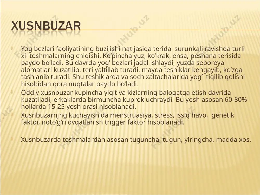 a. kosmetik b.xlor c. lab bo’yog’i 3-6 oylik chaqaloqlarda paydo bo’ladi. sababi testosteron giperproduksiyasi, o’sma kasalliklari, buyrak usti bezi giperplaziyasi. neonatal husnbuzar birinchi 3-5 kunligida paydo bo’ladi. sababi onada androgen ko’pligi, qonda estriol gormoni kamayishi toshmalar peshona va yonoqda tuguncha, yiringcha va kamedon hosil bo’ladi. klinikasi menstrual sikl buzilishi, soch to’kilishi, girsutizm, naslsizlik, har xil tuguncha, yiringcha, komedonlar chiqishi. marsh sindromi ( melazma, akne, rozasea, seboreya, hirsutizm. yopiq- yog’ tiqinlari terining yopiq ya’ni teshiksiz yuzasida tiqilib qolishj natijasida( rangi oq) ochiq- yog’ tiqinlari terining ochiq ya’ni teshikli yuzasida tiqilib qolishj natijasida( rangi qora) paydo bo’ladi. ochiq kamedon teri yuzasida kislotali muhit paydo qiladi va melaninni o’ziga singdiradi. engil ta`sirlovchi sovun bilan kuniga 1 marotaba yuvinish to`liq jismoniy faollik, chiniqish parxez taomlar ultrabinafsha nurlaridan ximoyalanib yurish kamforali spirt bilan artib turish salitsilli rezortsinli spirt bilan yuvingandan keyin kuniga 1-2 marotaba artib turish tsink gialuronat (kuriozin gel') azealinovaya kislota (20% krem, skinoren) …