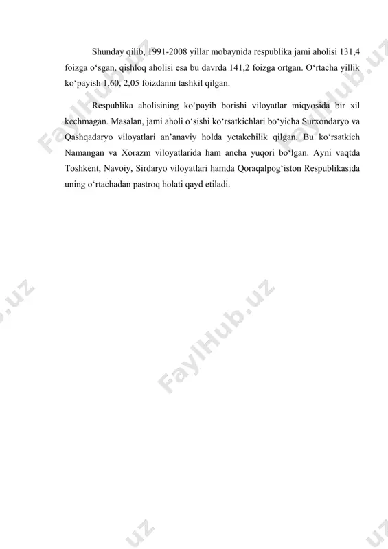 a kamaydi. jami 966 ta yangi tashkil etilgan shaharchalar (agroshaharlar) aholisi 4436,4 ming kishini tashkil qilganligini hisobga olinsa, bu raqam qishloq aholisining kamayganidan 359,8 ming kishiga ko‘p. viloyatlar darajasida qishloq aholisining eng katta miqdorda qisqarishi quyidagicha: farg‘ona viloyatida 899,1 ming kishi (196 ta yangi shaharcha, jami aholisi 938 ming kishi); namangan viloyatida 584,9 ming kishi (109 ta shaharcha, aholisi 613,1 ming kishi); andijon viloyatida 573,3 ming (78 ta shaharcha, 642,6 ming kishi) va h.k. shu bilan birga bu ko‘rsatkichlar qashqadaryo (yangi shaharchalar aholisi 482,2 ming kishi), surxondaryo (369,1 ming kishi) va samarqand (381,0 ming kishi) viloyatlarida ham ancha katta. ayni paytda qoraqalpog‘istonda tashkil etilgan 11 ta shaharchalar aholisi (32,3 ming kishi) uning shahar va qishloq aholisining nisbatiga jiddiy ta’sir ko‘rsatmagan. jadvalda 2009, ya’ni urbanizatsiya nuqtai nazaridan “burilish” hisoblangan yilda ushbu jarayonning atigi bir yildagi o‘zgarishi o‘z ifodasini topgan. ko‘rinib turibdiki, urbanizatsiyaning umumiy demografik ko‘rsatkichi, ya’ni shahar aholisining jami aholi sonidagi …