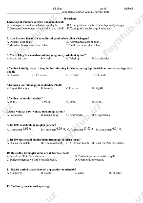 sh davri deyiladi. 8.triangulyatsiya metodi bilan nimani aniqlash mumkin. a.triangulyatsiya metodi asosida yer meridiani aylanasining uzunligi topiladi. b.trangulyatsiya metodi bilan osmon jismlarigacha bo‘lgan masofalar aniqlanadi. c.quyosh sistemasidagi osmon jismlarining radiuslari triangulyatsiya metodi bilan aniqlanadi. d.trangulyatsiya metodi quyidagi formula yordamida (_–yerning ekvatorial radiusi, –uning qutbiy radiusi) yerning siqiqligini aniqlashda foydalaniladi. 9.bahorgi teng kunlikni ayting? a. 19 mart. b. 22 mart. c.20 mart. d. 21 mart. 10. kuzgi teng kunlikni ayting? a. 21setabr. b.30 oktabr. c. 23 sentabr. d. 22 oktabr. 11.ekliptika tekisligi osmon ekvatorini qanday burchak ostida kesib o‘tadi? a. 300 401 b.150 491. c.270 171 d.230 271 . 12. keplerning 1-qonuni ta’rifini ko‘rsating? a. har bir planeta ellips bo‘ylab aylanadi va ellipsning fokuslaridan birida oy turadi. b. har bir planeta ellips bo‘ylab aylanadi va ellipsning fokuslaridan birida yer turadi . c. har bir planeta ellips bo‘ylab aylanadi va ellipsning fokuslaridan birida quyosh turadi. d. har bir planeta aylana bo‘ylab aylanadi …