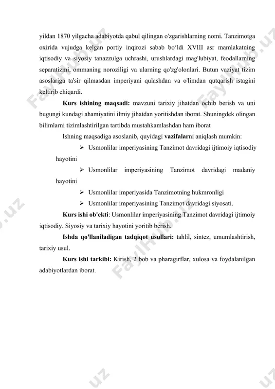 isodiy. siyosiy va tarixiy hayotini yoritib berish. ishda qo'llaniladigan tadqiqot usullari: tahlil, sintez, umumlashtirish, tarixiy usul. kurs ishi tarkibi: kirish, 2 bob va pharagirflar, xulosa va foydalanilgan adabiyotlardan iborat. i bob. usmonlilar imperiyasida tanzimot hukmronligi 0. tanzimotning usmonlilar taxtiga chiqishi usmonlilar imperiyasida 1839-1876 yillarda sultonlar hukmronligi davrida eʼlon qilingan bir qator islohotlar abdulmecid i va abdulaziz yevropa gʻoyalari katta taʼsir koʻrsatgan bu islohotlar imperiyani teokratik tamoyillarga asoslangan eski tuzumdan zamonaviy davlat tuzumiga tubdan oʻzgartirishni maqsad qilgan edi.[footnoteref:1] [1: ] tanzimot islohotlarining asosiy qoidalarining ko'pchiligida bayon etilgan gulhanelik hatt-i sharif (1839; “atirgullar xonasining olijanob farmoni”). bu hujjatda din va irqdan qat’i nazar, imperiyaning barcha bo‘ysunuvchilari hayoti, mulki va sha’ni xavfsizligini kafolatlaydigan yangi institutlar barpo etish zarur edi. shuningdek, u qonunbuzarliklarni bartaraf etish uchun standartlashtirilgan soliq tizimini ishlab chiqish va harbiy xizmatga chaqirish va tayyorlashning adolatli usullarini o'rnatishga ruxsat berdi. imperiyada istiqomat qiluvchi musulmon bo'lmaganlar (asosan nasroniylar va yahudiylar) uchun tenglik va'dalari …