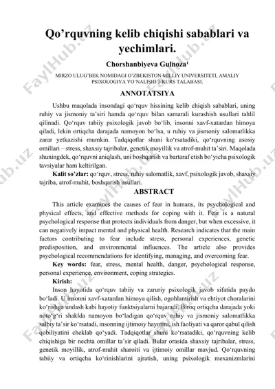 qo’rquvning kelib chiqishi sabablari va yechimlari — DOCX