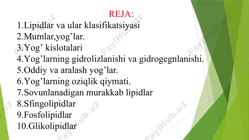 ng gidrolizlanishi. gidrolizlanish yoki sovunlanish yog'larning eng muhim xossasidir. yog'larni gidrolizlash yordamida ularning tuzilishi o'rganiladi, xalq xo'jaligi uchun qimmatbaho mahsulotlar(sovunlar) olinadi. gidroliz - organizmda yog'lar metabolizmining birinchi bosqichidir. gidroliz jarayoni sanoatda qizitilgan bug'doy yordamida, lobarotoriyalarda esa o'yuvchi ishqorlarning eritmalari ta'sirida o'tkaziladi. bunda glitserin va yog' kislotalari, yoki glitserin va sovun hosil bo'ladi: odam va hayvonlar organizmida gidroliz lipaza deb ataluvchi fermentlar yordamida boradi. yog'larni fermentlar yordamida gidrolizlash usuli sanoatda ham qo'llanilmoqda. buning uchun kanakunjut o'simligi urug'ida ko'p miqdorda bo'ladigan va qoramolning qorin osti bezida saqlanadigan lipazadan foydalanilmoqda. yog'larni gidrogenlash. suyuq yog'lar, ya'ni moylar kataliztorlar yordamida vodorodni biriktirib qattiq yog'larga aylanadi.bu usul yog'larni gidrogenlash deyilib,uni birinchi marta s.a.fokin sanoatda amalga oshirgan.reaksiya 160-200° c da,2-15 atm bosimda nikel katalizatorligida boradi: shu usul bilan o'simlik moylaridan olingan qattiq yoglar solomaslar deyiladi.bu yog'lar tozalanib sut,tuxum,vitaminlar va boshqalar bilan aralashtiriladi. bunda margarin hosil bo'ladi.margarin esa oziq-ovqat sanoatida keng qo'llaniladi. oddiy va aralash yog’lar triatsilgliserinda mavjud …