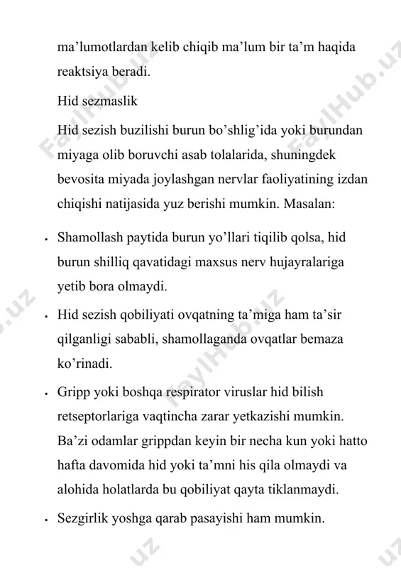 sirlanib turishi shu hidga oʻrganib qolishga olib keladi, keyin odam bu hidni sezmaydigan boʻlib qoladi. bir hidga boshqasi taʼsir qilgandan keyin hidlar aralashib, oʻzgacha hidga aylanishi natijasida odam hidga ortiqcha sezgir boʻlib qolishi mumkin. yosh oʻtishi bilan hid bilish ham susayadi. hid bilish ning buzilishi — hid bilmaslik (anosmiya), turli hidlarga sezuvchanlikning ortishi (giperosmiya), burun shilliq pardalari kasalliklari (tumov), bosh miya ayrim boʻlaklarining oʻsmasi va shikastlanishi baʼzi bir psixik kasalliklarda uch-raydi (bunday hollarda hid bilishga odatda hidlarni sezish gallyutsinatsiyasi qoʻshiladi). baʼzi homilador ayollarda ham hid bilmaslik holati kuzatiladi. til — odam va umurtqali hayvonlar ogʻiz boʻshligʻidagi muskulli organ. baliqlarda t. shilliq parda burmasidan iborat boʻlib, visseral skelet bilan harakatlanadi. quruqlikda yashovchi umurtqalilarda t. harakatchan, u ovqatni tutadi, ogʻiz boʻshligʻiga suradi, nafas yoʻlini berkitadi va h.k. t.da koʻpgina bezlar va taʼm bilish retseptorlari rivojlangan. suvda va quruqlikda yashovchilarda esa shilliq parda burmasidan tashqari, t. tarkibiga kiradigan bezlar ham bor. sudralib yuruvchilar …