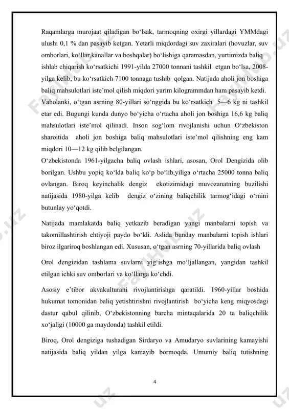 chora tadbirlar dasturiga ko‘ra tarmoqni rivojlantirish dasturi doirasida qator amaliy tadbirlar o‘tkazildi. hozirgi kunda respublika 605,4 ming gektar suv havzalaridan baliq yetishtirishda foydalanib kelinmoqda. ularda jami 985 ta baliqchilik fermer xo‘jaliklari mavjud bo‘lib, joriy yilda 398 ta suv havzalarida baliq yetishtiruvchi fermer xo‘jaliklari tashkil etildi va ularga tegishli bo‘lgan suv havzalariga 12 mln 535 ming dona bir yillik baliqchalar tashlandi. joriy yilda baliq chavoqlari o‘stirishni ta’minlash maqsadida mavjud barcha xo‘jaliklardagi 4700 dona ona baliqlar to‘dasi bonitirovkadan o‘tkaziladi, mavsumda inkubatsiya sexlarida 205 mln dona lichinkalar olindi. o‘zbekiston hududidan sirdaryo, amudaryo va zarafshon daryolari oqib o‘tib, 300000 gektar maydonga tabiiy ko‘llar barpo qilgan. shularning eng kattasi arnasoy suv havzasi bo‘lib, chordara suv omboridan suv oqizilishi natijasida paydo bo‘lgan va shartli ravishda uch qismga: haydar ko‘l (130000 ga), tuzqon ko‘l (40000 ga) va arnasoy ko‘l (10000 ga)ga bo‘linadi. har bir ko‘lning joylashish hududi, chuqurligi, eni va uzunligiga qarab ularning gidrokimyoviy va gidrologik rejimlari …