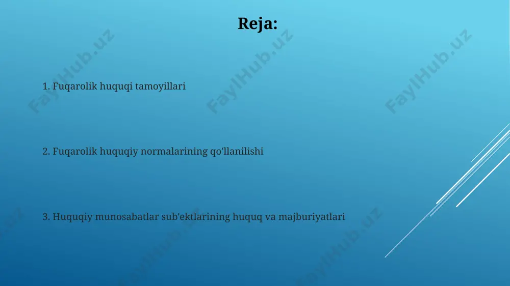 di. “huquqiy meros”ni qabul qilish tartibi, merosxo‘rlarning huquq va majburiyatlari fuqarolik kodeksining 1100-moddasidan 1170-moddasigacha bo‘lgan qismlarida batafsil bayon etilgan. sud himoyasi sud himoyasining samaradorligi 2 ta asosiy omilga bog'liq: malakali advokatning ishtiroki va sudning mustaqilligi va xolisligi. bu omillar adolatli natijaga erishish ehtimolini oshiradi. sud himoyasi ayblanuvchining sud jarayonida o'z huquqlarini himoya qilish uchun 3 ta asosiy tamoyilga, ya'ni adolatli sud jarayoni, sudlanuvchining aybsizligiga prezumpsiya va dalillarga asoslangan qaror qabul qilinishiga tayanadi. huquqiy tenglik huquqiy tenglik printsipi, jinsi, millati, irqi, diniy e'tiqodi, ijtimoiy kelib chiqishi va boshqa belgilaridan qat'iy nazar, barcha fuqarolar uchun adolatli sud muhokamasini ta'minlaydi. huquqiy tenglikning amaliy qo'llanilishi, 20 dan ortiq qonun hujjatlarida aks ettirilgan bo'lib, huquqiy munosabatlarning barcha ishtirokchilari uchun teng shart-sharoitlarni yaratadi. mulkiy huquqlar himoyasi mulkiy huquqlar himoyasi, fuqarolik kodeksining 1-bo‘limida 150 dan ortiq moddalar bilan tartibga solingan bo‘lib, mulkchilik huquqining barcha turlarini o‘z ichiga oladi. o‘zbekistonda mulkiy huquqlarni himoya qilishda 3 ta asosiy tamoyil …