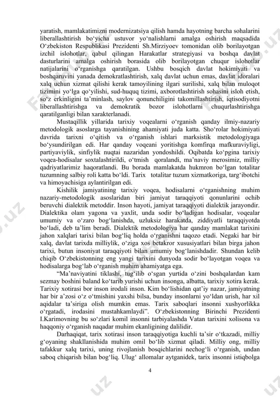 yetakchisi islom karimov siyosatiga qarshi qaratilgan fitnalarining oldini olish bilan xarakterlanadi. mazkur yillarning alohida davr sifatida e’tirof etilishida o‘zbekistonning birinchi prezidenti i.karimovning “o‘zbekiston mustaqillikka erishish ostonasida” asaridagi xronologik yondashuv ham ushbu davrning konseptual asosi hisoblanadi. keyingi bosqich o‘z ichiga 1991 yildan to 2000 yilga qadar bo‘lgan davrni o‘z ichiga qamrab oladi. bu davrda milliy davlatchilik asoslari va ijtimoiy yo‘naltirilgan bozor iqtisodiyotini yuzaga keltirishga qaratilgan o‘tish davrining dastlabki islohotlar jarayoniga ilk qadamlar qo‘yildi. shu davrdan boshlab bir necha avlod davrida shakllanib kelgan va odamlar ongiga singib ketgan kommunistik mafkura aqidasidan voz kechilib, milliy istiqlol g‘oyasining asoslari shakllandi. buning ta’sirida hayotga demokratik qadriyatlarni mustahkamlash, mamlakatni jahon hamjamiyatiga integratsiyasiz tasavvur qila olmaydigan yangi avlod vakillari kirib kela boshladi. bu esa mamlakatda tub siyosiy, iqtisodiy, ma’naviy-ruhiy o‘zgarishlarni bosqichma-basqich o‘sib borishiga xizmat qildi. “shok terapiyasi” nomini olgan o‘tish modelidan mutlaqo farq qiluvchi “o‘zbek modeli”ning hayotga joriy etilishi natijasida, tarixan qisqa davr ichida eski, ma’muriy-buyruqbozlikga asoslangan …