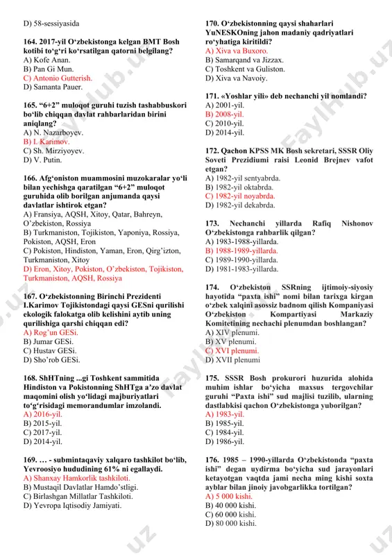 lohotlarida 151. “yangi o‘zbekiston” g‘oyasining umummilliy harakatiga aylangan “uchinchi renessans”, ya’ni renessans so‘zining lug‘aviy ma’nosini ayting a) fransuzcha “qayta tug‘ilish”, uyg‘onish, qayta tiklanish, yuksalish degan ma’noni anglatadi. b) inglizcha “taraqqiyot” degan ma’noni anglatadi c) yunoncha “ilm-fan ravnaqi” degan ma’noni anglatadi. d) lotincha “qayta tug‘ilish”, uyg‘onish, qayta tiklanish, yuksalish degan ma’noni anglatadi. 152. “yoshlarga oid davlat siyosati to‘g‘risida” gi qonun qachon qabul qilingan? a) 2016-yil 14-sentyabrda. b) 2016-yil 19-sentyabrda. c) 2016-yil 19-sentyabrda. d) 2017-yil 19-sentyabrda. 153. "yoshlar kuni" qanday munosabat bilan e’lon qilindi? a) o‘zbekiston "kamolot" yoshlar ijtimoiy harakatining 2017-yil 30-iyun kuni bo‘lib o‘tgan iv qurultoyi qaroriga muvofiq, o‘zbekiston yoshlar ittifoqi tashkil etilgani munosabati bilan b) kamolot yoshlarni qo‘llab quvvatlash tashkiloti tashkil etilgan sana munosabati bilan c) 2017 — 2021 yillarda o‘zbekiston respublikasini rivojlantirishning beshta ustuvor yo‘nalishi bo‘yicha harakatlar strategiyasini «yoshlarni qo‘llab-quvvatlash va aholi salomatligini mustahkamlash yili»da amalga oshirishga oid davlat dasturiga muvofiq d) yoshlarni qo‘llab-quvvatlash va aholi salomatligini mustahkamlash yili»da …