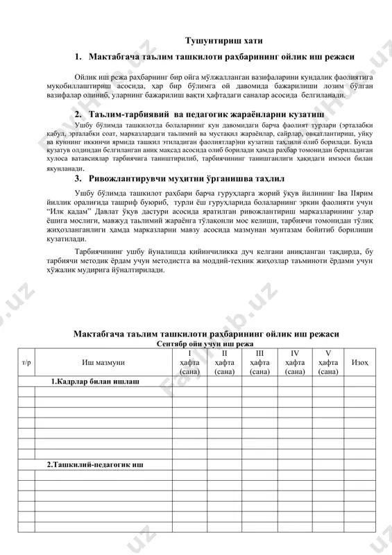 афта (сана) ii ҳафта (сана) iii ҳафта (сана) iv-ҳафта (сана) v-ҳафта (сана) изоҳ 1.кадрлар билан ишлаш 2.ташкилий-педагогик иш 3. ота-оналар билан ишлаш 4. мактаб, маҳалла ва бошқа ташкилотлар билан ҳамкорлик ишлари 5.маъмурий-хўжалик ишлар ноябрь ойи учун иш режа т/р иш мазмуни i ҳафта (сана) ii ҳафта (сана) iii ҳафта (сана) iv ҳафта (сана) v ҳафта (сана) изоҳ 1.кадрлар билан ишлаш 2.ташкилий-педагогик иш 3. ота-оналар билан ишлаш 4. мактаб, маҳалла ва бошқа ташкилотлар билан ҳамкорлик ишлари 5.маъмурий-хўжалик ишлар декабрь ойи учун иш режа т/р иш мазмуни i ҳафта (сана) ii ҳафта (сана) iii ҳафта (сана) iv ҳафта (сана) v ҳафта (сана) изоҳ 1.кадрлар билан ишлаш 2.ташкилий-педагогик иш 3. ота-оналар билан ишлаш 4. мактаб, маҳалла ва бошқа ташкилотлар билан ҳамкорлик ишлари 5.маъмурий-хўжалик ишлар январь ойи учун иш режа т/р иш мазмуни i ҳафта (сана) ii ҳафта (сана) iii ҳафта (сана) iv ҳафта (сана) v ҳафта (сана) изоҳ 1.кадрлар билан ишлаш 2.ташкилий-педагогик иш …