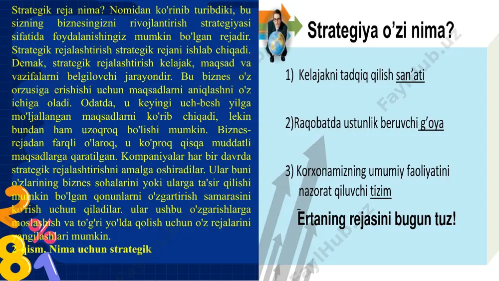 shi, va shu bilan uning zaif tomonlaridan chetlab o‘tishi, ijobiy tashqi sharoitlardan ustun taraflarini tanlab olish va tashqi xavflardan holi bo‘lmog‘i zarur”1.strategiya – tashkilotning tashkiliy vazifa va maqsadlariga erishishda foydalaniladigan tashkiliy xat-ti-harakatlar va boshqaruvga yondashuvlari tarzidir. biznes sohasini belgilash, maqsadni belgilash, qisqa va uzoq muddatli vazifalarni (dasturlarni) aniqlash, maqsadga erishish strategiyasini belgilab olish strategik rejani tashkil qiladi.garvard biznes-maktabi professori chandler ta’rifiga ko‘ra, strategiya – tashkilotning vazifalari va asosiy uzoq muddatli maqsadlarini bajarish uchun zarur bo‘lgan resurs (moddiy ne’mat)larni joylashtirish va harakat yo‘nalishini belgilab olishdir2. to‘g‘risini aytganda, “strategiya” terminining chandler tomonidan tushuntirilishi boshqa ta’riflarga nisbatan oddiyroq va tushunarliroqdir. e’tibor qilgan bo‘lsangiz. chandler ta’rifida strategi-yaning uch elementi to‘g‘risida so‘z boradi. asosiy uzoq muddatli maqsadlarni aniqlash ketma-ket bajarilishi kutilayotgan strategik maqsadlarni belgilab olishdir.strategiyani yaratish asosiy boshqaruv muammosini ko‘taradi ya’ni, korxonaning hozirgi va kelajak imkoni-yatlarini hisobga olib, kerakli natijalarga qanday erishish mumkinligini ko‘rsatadi. strategik menejment korxonaning uzoq muddatli maqsadlar va faoliyatiga taalluqli. aytish mumkinki, …