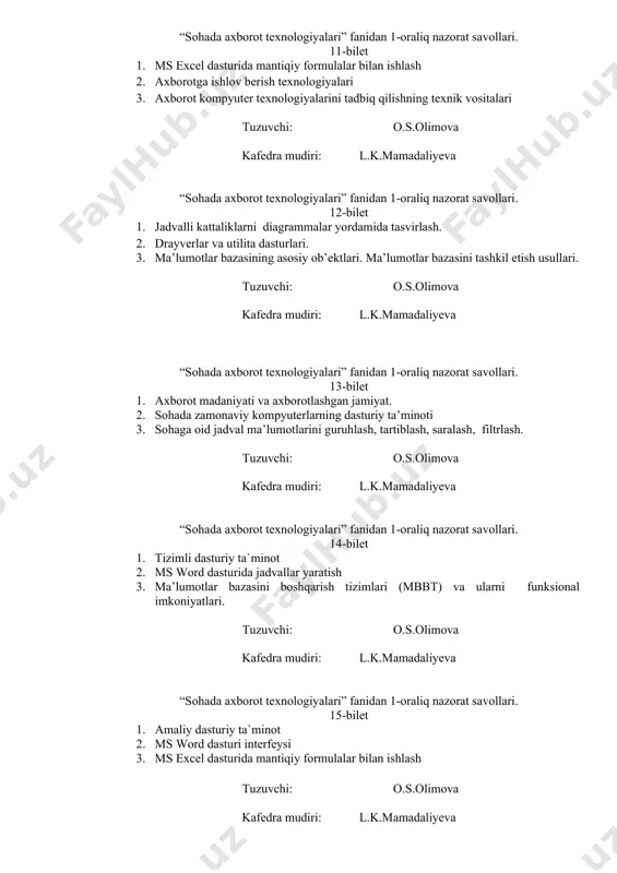 orat savollari. 14-bilet 1. tizimli dasturiy ta`minot 2. ms word dasturida jadvallar yaratish 3. ma’lumotlar bazasini boshqarish tizimlari (mbbt) va ularni funksional imkoniyatlari. tuzuvchi: o.s.olimova kafedra mudiri: l.k.mamadaliyeva “sohada axborot texnologiyalari” fanidan 1-oraliq nazorat savollari. 15-bilet 1. amaliy dasturiy ta`minot 2. ms word dasturi interfeysi 3. ms excel dasturida mantiqiy formulalar bilan ishlash tuzuvchi: o.s.olimova kafedra mudiri: l.k.mamadaliyeva “sohada axborot texnologiyalari” fanidan 1-oraliq nazorat savollari. 16-bilet 1. “sohada axborot texnologiyalari” fanining maqsadi va vazifalari. 2. kompyuter tarmoqlari va turlari. 3. ma’lumotlar bazasining asosiy ob’ektlari. ma’lumotlar bazasini tashkil etish usullari. tuzuvchi: o.s.olimova kafedra mudiri: l.k.mamadaliyeva “sohada axborot texnologiyalari” fanidan 1-oraliq nazorat savollari. 17-bilet 1. sohada zamonaviy kompyuter texnologiyalaridan foydalanishning asosiy yo‘nalishlari. 2. ms excel dasturi interfeysi va imkoniyatlari 3. tizimli dasturiy ta`minot tuzuvchi: o.s.olimova kafedra mudiri: l.k.mamadaliyeva “sohada axborot texnologiyalari” fanidan 1-oraliq nazorat savollari. 18-bilet 1. axborot texnologiyalarining apparat ta’minoti va tashkil etuvchilari. 2. sohada jadvalli ma'lumotlarni qayta ishlash texnologiyalari 3. …