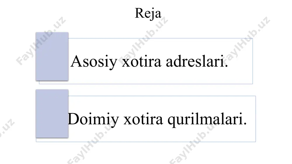 artibda joylashtirish deb ataladi (rus tilida – обратный порядок следования байтов). 3-rasmda esa baytlar to‘g‘ri tartibda joylashtirilgan xotira chizmasi keltirilgan. bu xildagi xotira baytlar to‘g‘ri tartibda joylashtirilgan xotira deb ataladi (rus tilida – прямой порядок следования байтов) va u sparс oilasiga mansub protsessorlarga ega bo‘lgan serverlarda ishlatiladi. 3-rasm. 32-razryadga so‘z uzunligiga ega, baytlari to‘g‘ri tartibda joylashtirilgan 4 gbaytli asosiy xotira. buyruqlarni xotiradan o‘qish misolida, xotiraga murojaat qilish qanday amalga oshirilishini ko‘rib chiqamiz. 4-rasmda asosiy xotiraga murojaat qilish jarayoni ko‘rsatilgan. protsessorning ip (instruction pointer) yoki pc (program counter) deb nomlanuvchi registri, tartib bo‘yicha bajarilishi kerak bo‘lgan buyruq adresini ko‘rsatish uchun ishlatiladi. ushbu registr buyruqlar sanagichi yoki buyruqlar ko‘rsatgichi deb nomlanadi. pc registrida yozilgan adres, ya’ni navbatdagi bajarilishi kerak bo‘lgan buyruqning adresi, protsessorning adres shinasi yordamida asosiy xotira bilan bog‘lanuvchi porti - adres registri orqali xotiraning, xotira adresi registriga uzatiladi. shundan so‘ng xotiraning ma’lumotlar registriga ushbu adres bo‘yicha yozilgan ma’lumot chiqariladi. bu …