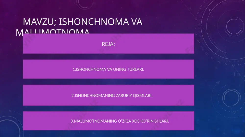 an, faqat bir martagina pul yoki qimmatbaho buyumni olish uchun) beriladi. muayyan davr davomida bir qancha bir turdagi vazifalarni bajarish vakolatini beruvchi ishonchnomalar maxsus ishonchnomalar deyiladi (masalan, 2020-yil davomida sud (hakamlik) idoralarida korxona nomidan vakillik qilish uchun berilgan ishonchnoma). umumiy ishonchnoma mulkni boshqarish bilan aloqador turlituman ishlarni amalga oshirish huqiqini beradi. rasmiy ishonchnomalarda ularning amal qilish (o‘z kuchini saqlash) muddati, albatta, ko‘rsatilgan bo‘ladi agar ishonchnomada uning amal qilish muddati aniq ko'rsatilmagan bo‘lsa, bunday hollarda u berilgan kundan boshlab bir yil davomida o‘z kuchini saqlaydi. berilgan kuni ko‘rsatilmagan ishonchnoma haqiqiy emas. ishonchnoma berilgan shaxs o‘z vakolatidagi harakatlarni shaxsan amalga oshirishi shart. mabodo, ishonchnoma berilgan shaxsning manfaatlarini himoya qilishga to‘g‘ri kelib qolsa, u harakatlarni amalga oshirishni boshqa shaxsga o‘tkazishi mumkin. boshqa shaxsga o‘tkazish bo'yicha ishonchnomaning amal qilish muddati uning berilishiga asos bo‘lgan asosiy ishonchnomaning amal qilish muddatidan oshib ketmasligi kerak. rasmiy ishonchnomalar, odatda, yuqori statistika idorasi tasdiqlagan tayyor, namunaviy shakldagi bosma ish …