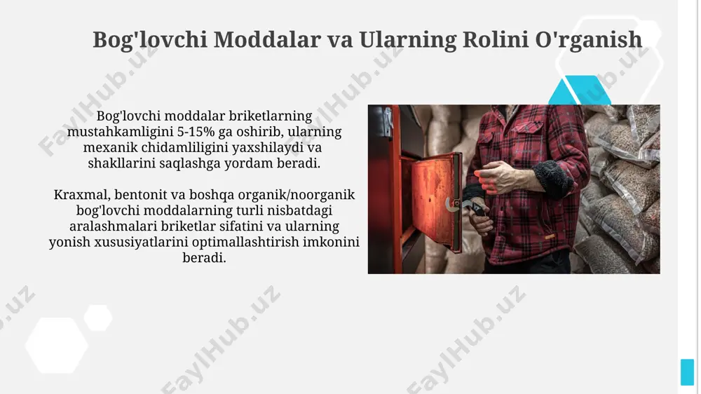 y samaradorlikni oshiradi. aralashtirish va homashyo sifatini nazorat qilish xomashyo aralashmasining zichligi va bir jinsliligi maxsus sensorlar yordamida nazorat qilinadi, bu esa 2-3% gacha aniqlik bilan briketlarning sifat ko'rsatkichlarini oldindan bashorat qilish imkonini beradi. aralashtirish jarayonida xomashyo tarkibidagi namlik miqdori 10-15% oralig'ida saqlanishi va 5 mm dan katta bo'lmagan zarrachalar o'lchamiga ega bo'lishi kerak, aks holda briket sifatiga salbiy ta'sir ko'rsatadi. avtomatlashtirish va zamonaviy texnologiyalar avtomatlashtirilgan omborlar briketlarni optimal sharoitda saqlash imkonini beradi, bu esa 5% gacha saqlash muddatini uzaytiradi va sifatning pasayishiga yo'l qo'ymaydi. zamonaviy sensorlar va boshqaruv tizimlari yordamida briket zichligi va sifatini onlayn nazorat qilish mumkin, bu esa standartlashtirilgan mahsulot olishni ta’minlaydi. briketlarni saqlashning optimal sharoitlari briketlarni saqlash uchun optimal namlik darajasi 8-12% ni tashkil etadi, yuqori namlik mog'orlanish va sifatning pasayishiga olib keladi. briketlarni yaxshi shamollatiladigan, quyosh nurlaridan himoyalangan omborlarda, taxminan 15-25°c haroratda saqlash tavsiya etiladi. briketlarning sifati va standartlarga muvofiqligi briketlarning kaloriya miqdori 4000-5000 kkal/kg …