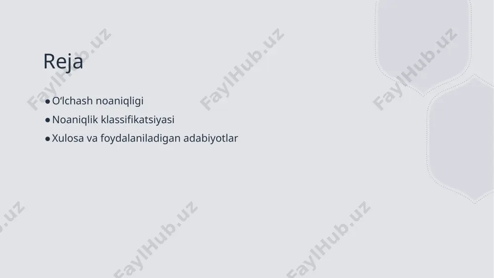 ordam beradi va xatoliklarni kamaytiradi. 3 o'lchash natijalari o'lchash natijalari standart og'ish yordamida baholanganida, ma'lumotlar to'plamining statistik tahlili yanada aniqroq va ishonchli bo'ladi. 4 amaliy qo'llanilishi tajribiy standart og'ishning amaliy qo'llanilishi, ilmiy tadqiqotlarda va sanoat o'lchovlarida aniqlikni oshirishga xizmat qiladi, natijalarni taqqoslash imkonini beradi. o'lchash noaniqligi: asosiy tushunchalar va ta'riflar. 1 o'lchash noaniqligi - o'lchash noaniqligi, o'lchanayotgan kattalik bilan bog'liq qiymatlarning tarqalishini tavsiflovchi parametrdir va statistik baholashlarni o'z ichiga oladi. 2 asosiy atamalar - o'lchash noaniqligiga oid asosiy atamalar: standart og'ish, ishonch intervali va to'liq noaniqlik. bu tushunchalar natijalarni baholashda muhim rol o'ynaydi. 3 xatolik turlari - o'lchash jarayonida asbobiy va sub'ektiv xatoliklar yuzaga kelishi mumkin. har biri o'lchash natijalariga ta'sir qiladi va aniqlikni kamaytiradi. o'lchash noaniqligini klassifikatsiyalash: turi va manbalari. 1 o'lchash noaniqliklari o'lchash noaniqliklari ikki asosiy turga bo'linadi: tasodifiy va tizimli noaniqliklar. har biri o'lchov jarayonida turli sabablar bilan yuzaga keladi. 2 manbalar o'lchash noaniqliklarining manbalari asbobiy xatoliklar, …