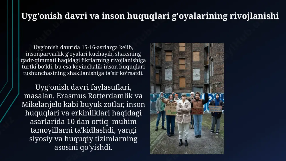 tushunchasining qadimgi tarixi qadimgi yunonistonda, miloddan avvalgi 5-asrda demokratiya rivojlanishi bilan fuqarolarning huquq va erkinliklari to'g'risida muhokamalar boshlangan va bu inson huquqlari tushunchasining shakllanishiga ta'sir ko'rsatgan. qadimgi bobil qonunlari, miloddan avvalgi 1754-yilda yaratilgan hammurapi kodeksi, ko'z uchun ko'z, tishlash uchun tish kabi qoidalarni o'z ichiga olgan bo'lib, dastlabki huquqiy me'yorlar va adolat tushunchasining namunasidir. tabiiy huquq nazariyasi va uning ahamiyati tabiiy huquq nazariyasi, amerika mustaqillik deklaratsiyasi va fransiya inqilobi kabi tarixiy voqealarga bevosita ta'sir ko'rsatib, zamonaviy inson huquqlari tizimining shakllanishiga asos bo'lgan. tabiiy huquq nazariyasi, 17-18-asrlarda yevropada paydo bo'lib, insonning tug'ilishdan ega bo'lgan, davlat tomonidan berilmaydigan huquqlarini ta'kidlagan. zamonaviy inson huquqlari muammolari internet va ijtimoiy tarmoqlardan foydalanishning kengayishi bilan birga, shaxsiy ma'lumotlarning himoyasi muammosi tobora dolzarblashib bormoqda; 2022-yilda 50 dan ortiq yirik ma'lumot buzilishi qayd etilgan. dunyo bo'yicha 80 milliondan ortiq odam majburiy mehnatga jalb qilingan, bu inson huquqlarining og'ir buzilishi hisoblanadi va ko'pincha qonunlarning zaifligi yoki yo'qligi bilan bog'liq. …