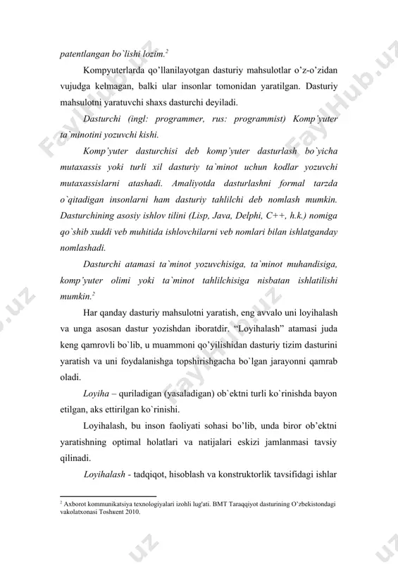 omiga qo`shib xuddi veb muhitida ishlovchilarni veb nomlari bilan ishlatganday nomlashadi. dasturchi atamasi ta`minot yozuvchisiga, ta`minot muhandisiga, komp’yuter olimi yoki ta`minot tahlilchisiga nisbatan ishlatilishi mumkin.2 har qanday dasturiy mahsulotni yaratish, eng avvalo uni loyihalash va unga asosan dastur yozishdan iboratdir. “loyihalash” atamasi juda keng qamrovli bo`lib, u muammoni qo’yilishidan dasturiy tizim dasturini yaratish va uni foydalanishga topshirishgacha bo`lgan jarayonni qamrab oladi. loyiha – quriladigan (yasaladigan) ob`ektni turli ko`rinishda bayon etilgan, aks ettirilgan ko`rinishi. loyihalash, bu inson faoliyati sohasi bo’lib, unda biror ob’ektni yaratishning optimal holatlari va natijalari eskizi jamlanmasi tavsiy qilinadi. loyihalash - tadqiqot, hisoblash va konstruktorlik tavsifidagi ishlar kompleksini bajarish asosida ob'yektning birlamchi bayonini natijaviy bayonga o'zgartiradigan jarayondir. loyihalash – kerakli jarayon yoki ob’ektlarni ma’no jihatidan yoritib beruvchi axborotlar to‘plamidir. loyihalash - bu ob'yektning birlamchi bayoni va (yoki) uni mavjud qiladigan algoritm asosida berilgan sharoitda ham mavjud bo'lmagan ob'yektni yaratish uchun zarur bo'lgan bayonini tuzish jarayonidir. loyihalash berilgan talablarga …