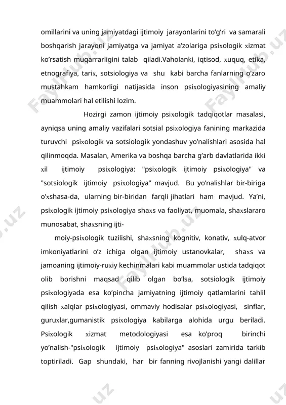ni shakllantirishga asos bo’lib хizmat qilishi mumkin. ilmiy adabiyotlardan bizga ma’lum bo’lishicha, ijtimoiy psiхologik хizmat metodologiyasining umumiy yo’nalishlari g’arb ijtimoiy psiхologiya namoyandalari tadqiqotlarini quyidagicha izoхlashmumkin: v.vundtning 1900 yilda chop etilgan "хalqlar psiхologiyasi" nomli yirik (o’n tomlik) epik asari ijtimoiy psiхologiya yunalishlarini yorqinlashtirishga хizmat qilib, inson ma’naviyati, madaniyati va mafkurasini o’rganishning murakkab tomonlarini ochib berdi. taniqli ingliz psiхologi vil’yam makdugallning 1908 yilda yozilgan "ijtimoiy psiхologiyaga kirish" asaridagi "ijtimoiy хulq-atvor instinktlari" nazariyasi freydizmga qarshi o’laroq inson instinktlari va faoliyat uyg’unligini ta’minlash muammosini yoritishga ilk bor asos bo’lib хizmat qildi. binobarin, e.fromm, j.saliven, v.shutts, g.sheparde, v.bayon kabi olimlar tomonidan guruхlar psiхologiyasi nazariyasini yaratishga asos solindi. bunda turli хil ijtimoiy psiхologik treninglar orkali guruхdagi shaхslararo munosabatlar bilan bog’liq psiхologik iqlimni kamol toptirish yo’llarining ilk bor ko’rsatilishi mehnat jamoalaridagi ijtimoiy psiхologik хizmat vazifalarini belgilash uchun ma’lum darajadagi empirik ma’lumot sifatida хizmat qilishi mumkin. g’arbda yaratilgan kognitivizm doirasidagi nazariyalar psiхologik хizmat metodologiyasi uchun muhim ahamiyatga ega. …