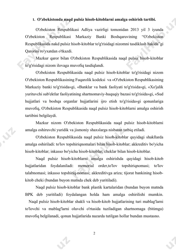 ob-kitoblar bank plastik kartalaridan (bundan buyon matnda bpk deb yuritiladi) foydalangan holda ham amalga oshirilishi mumkin. naqd pulsiz hisob-kitoblar shakli va hisob-kitob hujjatlarining turi mablag'larni to'lovchi va mablag'larni oluvchi o'rtasida tuziladigan shartnomaga (bitimga) muvofiq belgilanadi, qonun hujjatlarida nazarda tutilgan hollar bundan mustasno. bank hisobvarag'i shartnomasida boshqa muddatlar belgilab qo'yilgan bo'lmasa, bank tegishli to'lov hujjati bankka kelib tushgan kunda mablag'larni mijozning hisobvarag'iga kirim qilishi yoki mablag'larni uning hisobvarag'idan hisobdan chiqarishi shart. banklar mijozning topshirig'iga binoan elektron to'lovni tegishli to'lov hujjati tushgan kunda, agar u bankning amaliyot kuni mobaynida tushgan bo'lsa, amalga oshirishi shart, qonunda nazarda tutilgan hollar bundan mustasno. agar to'lov hujjati amaliyot kuni tugaganidan keyin tushsa, banklar elektron to'lovni keyingi ish kunidan kechiktirmay amalga oshirishi shart, qonunda nazarda tutilgan hollar bundan mustasno. banklar «jinoiy faoliyatdan olingan daromadlarni legallashtirishga va terrorizmni moliyalashtirishga qarshi kurashish to'g'risida»gi o'zbekiston respublikasining qonuniga muvofiq, hisobvaraqlar bo'yicha operatsiyalarni to'xtatib turishga yoki ularni amalga oshirishni rad etishga haqli. …