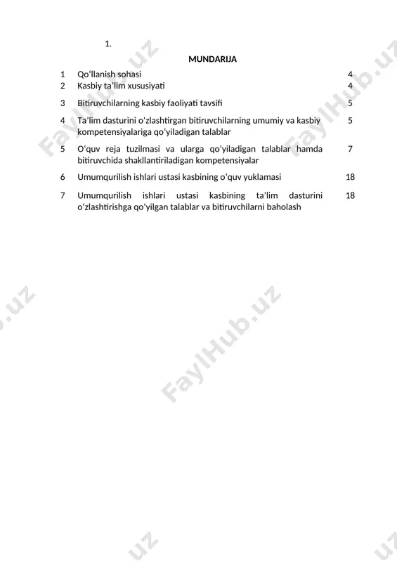 shi; · kasbiy faoliyatning tegishli sohasida yanada yuqoriroq malakaga erishish maqsadida oliy ta’lim muassasasida oʻqishni davom ettirishi mumkin. 2.4. oʻqishga qabul shartlari. oʻqishga qabul shartlari amaldagi qonunchilik asosida amalga oshiriladi. 3. bitiruvchilarning kasbiy faoliyati tavsifi 3.1. bitiruvchining kasbiy faoliyat sohasi yer qazish ishlari, beton va armatura ishlari, gʻisht-tosh terish ishlari, metall va temirbeton konstruksiyalar montaji, payvandlash ishlari va tom yopish ishlarini oʻz ichiga olgan keng profildagi umumqurilish ishlarini mehnat muhofazasi qoidalariga amal qilgan bajarish. 3.2. bitiruvchining kasbiy faoliyat obyektlari: 3.2.1. keng profildagi umumqurilish ishlari ustasi kvalifikatsiyasi boʻyicha: · binolar va inshootlar, ularning elementlari; · qurilish ishlari uchun materiallar; · umumiy qurilish ishlari texnologiyalari; · qurilish mashinalari, kichik mexanizatsiyalash vositalari, qurilish ishlari uchun asboblar-uskuna, qurilma va moslamalar; · umumiy qurilish ishlarini ishlab chiqarish sxemalari. 3.3. 40730301 - umumqurilish ishlari ustasi kasbi boʻyicha ta'lim oluvchi quyidagi faoliyat turlariga tayyorlanadi: 3.3.1 keng profildagi umumqurilish ishlari ustasi kvalifikatsiyasi boʻyicha: · bino va inshootlar qurish; …
