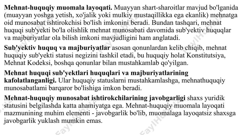 ish beruvchi bevosita munosabatlarga ham, bilvosita munosabatlarga ham kirishishlari mumkin. ana shunday bilvosita munosabat ulaming vakillari, vakillik organlari orqali amalga oshiriladi. mehnat huquqining sub'yektlari tomonidan o'z sub'yektiv huquqlari va majburiyatlarini o'zlari vakolat bergan maxsus shaxslar yoki organlar orqali amalga oshirilishi mehnat munosabatlarida vakillik deb yuritiladi. o'zbekiston respublikasi mehnat kodeksining 43-moddasida mehnatga oid munosabatlarda xodimlarning manfaatlarini ifoda etishda vakil bo'lish va bu manfaatlarni himoya qilishni korxonadagi kasaba uyushmalari va arning saylb qo’yiladan organar yoki xodimlar tomonidan saylanadigan boshqa organlar amalga oshirishi mumkinligi aytilgan. o'zbekiston respublikasining «kasaba uyushmalari to'g'risida»gi qonunning 27-moddasida aytilganidek: kasaba uyushmalari, ularning birlashmalari, bo‘linmalari va boshlang‘ich kasaba uyushmalari tashkilotlari aholi bandligini ta’minlash, ishdan ozod etilayotgan xodimlarni himoya qilish masalalarini, shuningdek xodimlarning ijtimoiy-iqtisodiy huquq va manfaatlarini himoya qilishga doir boshqa masalalarni hal qilishda ishtirok etish huquqiga ega. kasaba uyushmalari, ularning birlashmalari, bo‘linmalari va boshlang‘ich kasaba uyushmalari tashkilotlari xodimlarning mehnat huquqlarini himoya qilib sudga da’vo arizasi, shuningdek sud buyrug‘ini chiqarish to‘g‘risidagi …