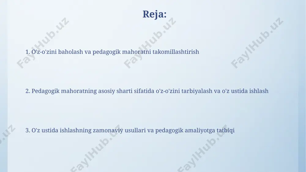 lil qilish orqali, o'qituvchining kamchiliklarini aniqlash va ularni bartaraf etishga yordam beradi. pedagogik bilim va ko'nikmalarning doimiy yangilanishi pedagogik bilim va ko‘nikmalarni 5-10 yilda bir marta yangilash, o‘qituvchilarning malaka oshirish kurslarida ishtirok etishini va zamonaviy pedagogik texnologiyalarni o‘zlashtirishini talab qiladi. samarali pedagogik faoliyat uchun o‘qituvchilar yiliga kamida 20 soat o‘z ustida ishlashga, yangi uslublarni o‘rganish va o‘z tajribalarini tahlil qilishga vaqt ajratishi kerak. stress menejmenti va emotsional intellekt emotsional intellektning 4 asosiy komponenti – o'zini anglash, o'zini boshqarish, ijtimoiy ong va munosabatlarni boshqarish – o'quvchilar bilan samarali muloqot qilishda muhim rol o'ynaydi. pedagogik mahoratni oshirishda stressni boshqarish va emotsional intellektni rivojlantirish muhim bo'lib, o'qituvchilarning 70% dan ortig'i ishdagi stressdan shikoyat qiladi. muloqot va hamkorlik madaniyatini shakllantirish muloqot kompetensiyasini rivojlantirishda 5 ta asosiy ko‘nikma – faol tinglash, aniq ifodalash, empatiya, nonverbal aloqa va konstruktiv bahslashish – o‘qituvchining pedagogik mahoratini oshiradi. o‘qituvchilarning 70% dan ortig‘i o‘zaro hamkorlik orqali yangi pedagogik texnologiyalarni o‘zlashtirishi …