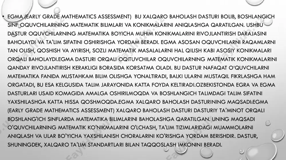 di.3. xalqaro taqqoslash: egma yordamida davlatlar o‘zlarining taʼlim tizimlarini boshqa davlatlar bilan solishtirish imkoniga ega bo‘ladilar. bu esa global miqyosda o‘z o‘rnini belgilash va taʼlimni xalqaro standartlarga moslashtirish uchun zarur.4. davlat investitsiyalarining samaradorligini baholash: egma natijalari davlatning taʼlim tizimiga yo‘naltirilgan mablag‘larning qanday natija berayotganini ko‘rsatadi. bu orqali kelgusida yanada samarali investitsiya yo‘nalishlari belgilanishi mumkin.5. o‘quv dasturlarini yangilash: egma orqali olingan maʼlumotlar davlat taʼlim dasturlarining qaysi yo‘nalishlarda rivojlanishi kerakligini ko‘rsatadi. shu orqali o‘quv dasturlari takomillashtiriladi va yangilanadi. • egma xalqaro baholash dasturining afzalliklari:1. yuqori samaradorlik: egma tizimlari energiya ishlab chiqarish jarayonini optimallashtirishi va energiya sarfini kamaytirishi mumkin.2. monitoring va boshqaruv: energiyani uzluksiz monitoring qilish imkoniyatini beradi, bu esa tizimning samaradorligini oshiradi va nosozliklarni tez aniqlashga yordam beradi.3. tashqi sharoitlarga moslashuvchanlik: turli sharoitlarda ishlashga moljallangan tizimlar bolishi mumkin, bu esa ular keng miqyosda qollanilishiga imkon beradi.4. ozgarishlarni kuzatish: tizimlar energiya ishlab chiqarishdagi ozgarishlarni tahlil qilish va zarur choralarni korishga yordam beradi.egma xalqaro …