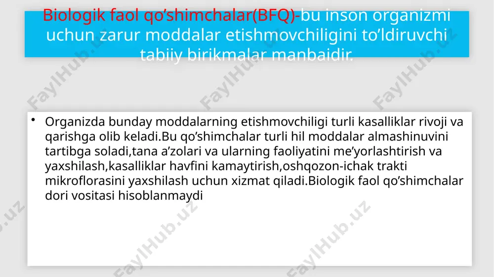 lmashinuvini tartibga soladi,tana a’zolari va ularning faoliyatini me’yorlashtirish va yaxshilash,kasalliklar havfini kamaytirish,oshqozon-ichak trakti mikroflorasini yaxshilash uchun xizmat qiladi.biologik faol qo’shimchalar dori vositasi hisoblanmaydi. e’tiboringiz uchun rahmat! image2.png image3.png image4.jpeg image5.jpeg