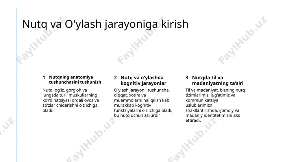 va ma'noni tushunish o'ng yarimshar wernicke hududi orqali amalga oshiriladi. o'ylash jarayoni, ko'krakning turli hududlariga bog'liq, o'rtacha loblar, qaror qabul qilish va rejalashtirishda ishtirok etadi. bolalar tilini o'rganish kritik davr nazariyasi bolalarning tilni o'rganish uchun kritik davri, erta yoshlarda sog'liqning tilni o'rganishga eng ochiq bo'lishini anglatadi. chaqaloqda til bosqichlari chaqaloqlar 6 oyliklarida lablab o'qishni boshlaydilar, 12 oyliklarida birinchi so'zlarni aks ettirishga boshlaydilar va 18-24 oyliklarida so'zlarini birlashtirishga boshlaydilar. ekologik omillar bolalar, ota-onalar, kitoblar va media bilan bog'liq zamonaviy til muhitiga ega bo'lib, tilni o'rganishadi. nutq ta'siri tilning tuzilishi va sintaksi nonverbaliy kommunikatsiya leksika va deyimlar farqli madaniyatlar o'zaro xususiy til tuzilish va sintaksisiga ega, bu o'ylar tuzilishini va nutqda ifodalashni ta'sir qiladi. masalan, ba'zi tillar farqli so'z tartiblaridan foydalanadi yoki turli darajada formal so'zlarni ishlatadi. madaniyatning nutqni ta'sir qilishi juda katta ahamiyatga ega, masalan, ko'rsatmalarda, yuz ifodalashlarida va vujud tilida, bu nutqning ma'nasini va tarjimalashini katta ta'sir qilishi mumkin. masalan, …