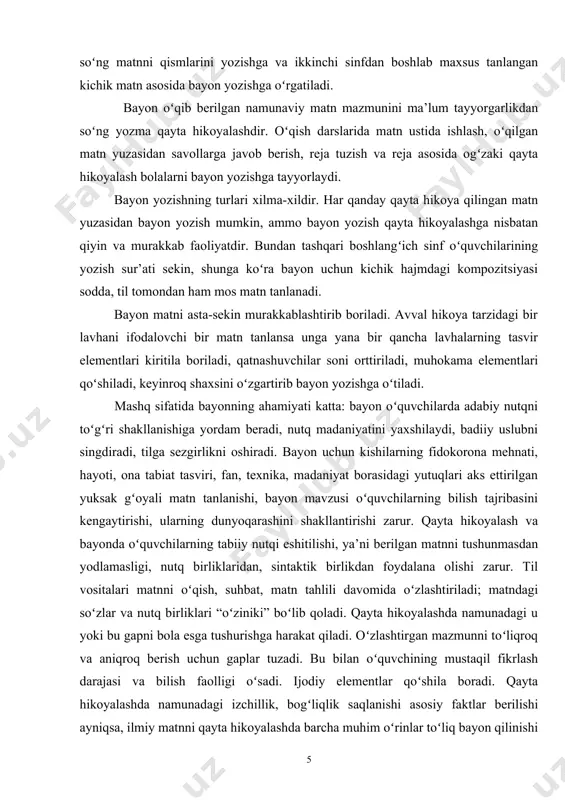 k, bogʻliqlik saqlanishi asosiy faktlar berilishi ayniqsa, ilmiy matnni qayta hikoyalashda barcha muhim oʻrinlar toʻliq bayon qilinishi zarur. vaqt-vaqti bilan ilgari eshitilgan, oʻqituvchi oʻqib bergan yoki radio televizordan yozib olingan matnni qayta hikoyalatish, oʻquvchi bir marta ovoz bilan yoki ichida oʻqigandan soʻng qayta hikoyalashdan foydalanishni tajribada qoʻllab turish ham mumkin. bu ishni turli xil uslublarda olib borish imkoniyatini yaratadi va uni jonlantiradi. bayon yozdirishda oʻquvchilar matn mazmunini qanchalik tushunganliklari, oʻz fikr va tushunchalarini ijodiy va mustaqil ifodalaganlari, yozma nutq malakasi va savodxonligi sinab koʻriladi. boshlangʻich sinfda bogʻlanishli nutqqa oid mashq turlariga quyidagilarni kiritish mumkin: 1) berilgan savolga toʻliq, mukammal javob; 2) oʻqilgan asarni tahlil qilish, grammatik materialni oʻrganish; oʻquvchilar lugʻatini faollashtirish bilan boʻgliq holda harxil mashqlar; 3) muntazam oʻtkazilgan kuzatishlarni yozib borish va ob-havo kundaligini yuritish; 4) oʻqilgan matnni turli variatda ogʻzaki qayta hikoyalash; 5) berilgan mavzu, rasm, kuzatishga oid boshi yoki oxiri berilgan hikoya, reja yoki sujet asosida oʻquvchilarning …