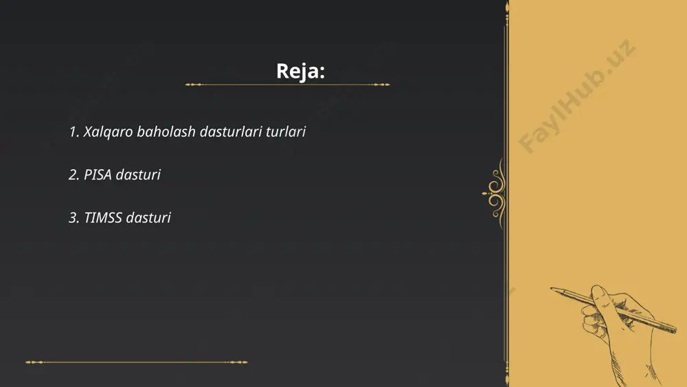 sohasidagi yutuqlar va qiyinchiliklarni aniqlashdir. o‘zbekistonda qatnashuvchilar soni 2019-yilda 4-sinf o‘quvchilari uchun 4582 nafarni tashkil etdi. ushbu dastur natijalari ta'lim sifatini oshirish bo‘yicha strategik qarorlar qabul qilishda yordam beradi. ... t.me/slaydai_bot pirls (progress in international reading literacy study) dasturi xalqaro savodxonlikni baholash loyihasi bo‘lib, 4-sinf o‘quvchilarining o‘qish qobiliyatini o‘lchaydi. bu dastur 2001-yildan beri har 5 yilda bir marta o‘tkaziladi. loyihada dunyo bo‘ylab 60 dan ortiq davlat ishtirok etadi. har bir mamlakatdan o‘rtacha 4 ming o‘quvchi testda qatnashadi. pirls dasturi ta’lim tizimidagi yutuq va kamchiliklarni aniqlaydi. olingan natijalar davlatlarga o‘z maktab o‘quv dasturlarini yaxshilash imkoniyatini beradi. yozma va hikoya janrlarida berilgan matnlar yordamida o‘quvchilarning ma’lumot olish, tushunish va tahlil qilish qobiliyatlari sinovdan o‘tkaziladi. ... t.me/slaydai_bot talis dasturi - teaching and learning international survey - bu xalqaro tadqiqot boʻlib, taʼlim sohasi xodimlarining tajribasi, sharoitlari va nuqtai nazarini oʻrganishga qaratilgan. 2018-yilgi talis tadqiqoti 48 mamlakatda, jumladan yevropa, osiyo, amerika va afrika davlatlarini qamrab …