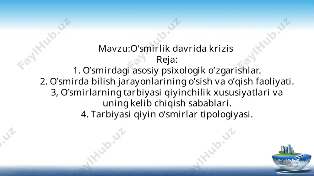 diylik, mustaqillik hosil bo’ladi. o’qituvchi o’quvchilarga o’quv materiallarini taqqoslashni, mavhumlashtirishni, o’z fikrini to’g’ri, ravon va aniq ifodalash yo’lini tushuntirib berishlari lozim. o’smirlarning o’quv faoliyatida, o’quv materialini o’zlashtirish darajasida, umumiy intellektual rivojlanishida turli darajadagi o’quvchilarni uchratish mumkin. o’quv faoliyatidagi kamchiliklar kichik sinflarda bilinmagan bo’lsa, v-vi sinflarda o’zlashtirishi keskin farqlanadigan bolalar ko’zga tashlanib qoladi. o’smirlarda nazariy, formal va refleksiv tafakkur turlari shakllanadi. xotira, idrok jarayonlari ham intellektualizaciya bo’la boshlaydi, ya`ni o’smir o’quv materiallarini tushinib idrok qilish va eslab qolishni o’rgana boshlaydi. o’smirlarning o’z-o’zini anglashi sifat jihatidan o’zgaradi. o’zi haqida o’ylash, o’zini boshqalar bilan taqqoslash o’smirning xususiyatidir. o’smir o’z kamchiligi ustida uylaydi, o’zidan qoniqmaslik hissi paydo bo’ladi. ko’pchilik o’smirlar kattalarga o’xshaydigan o’z tenglashlariga o’xshashga harakat qiladilar. tarbiyasi qiyin o’smirlarni bir necha shartli guruhlarga ajratish mumkin injiq tabiatli o’smirlar.; mustaqil fikrga ega bo’lmaganlar; orsiz, subutsiz o’smirlar; mustaqil fikrga ega bo’lmaganlar;; tarbiyasi qiyin o’smirlarni yuzaga keltiruvchi sabablar psixik rivojlanishdagi kamchiliklar; shaxs tarbiyasidagi nuqsonlar; bilish faoliyatidagi …