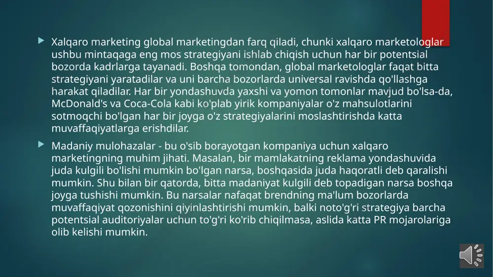 mas. xalqaro reklama imkoniyatlari mahalliylashtirish sizning qanday reklama berishingizda ham rol o'ynaydi. qaerda reklama joylashtirasiz? agar siz, masalan, poezdlar qatnovi ko'p bo'lgan hududda ishlayotgan bo'lsangiz, xaridorlarga etib borish uchun yo'lovchi temir yo'lidan joy sotib olish mantiqan to'g'ri keladi. agar sizning mijozlar bazangiz ko'proq qishloq joylarida bo'lsa, unda siz reklama taxtalaridan foydalanishni afzal ko'rishingiz mumkin. jurnallar ba'zi mahsulotlar, masalan, mebel uchun yaxshi ishlaydi. bundan tashqari, televizion yoki film reklamalariga joylashtirish haqida o'ylashingiz mumkin. mijozlar bazasi nimani ko'rib chiqishini bilmasangiz, shu bilan birga, reklamangizni qaerga joylashtirish haqida yaxshi tasavvurga ega bo'lmaysiz. agar siz bozor tadqiqotlarini o'tkazgan bo'lsangiz, bu bilan sizda muammolar bo'lmasligi kerak. xalqaro marketingda targ'ibot rag'batlantirish to'rtta ps borgan sari "joyida" kaptarlar. siz o'zingizning mahsulotingizni reklama qilishingiz kerak, shunda boshqa odamlar ularni sotib olishni xohlashadi. sizning reklama strategiyangiz iste'molchilarga ushbu mahsulotni nima uchun raqobatchilaringizning mahsulotlaridan ko'proq xohlashlarini yoki agar bu yangi tushuncha bo'lsa, ushbu mahsulotga nima uchun kerakligini ko'rsatishga qaratilishi kerak. …