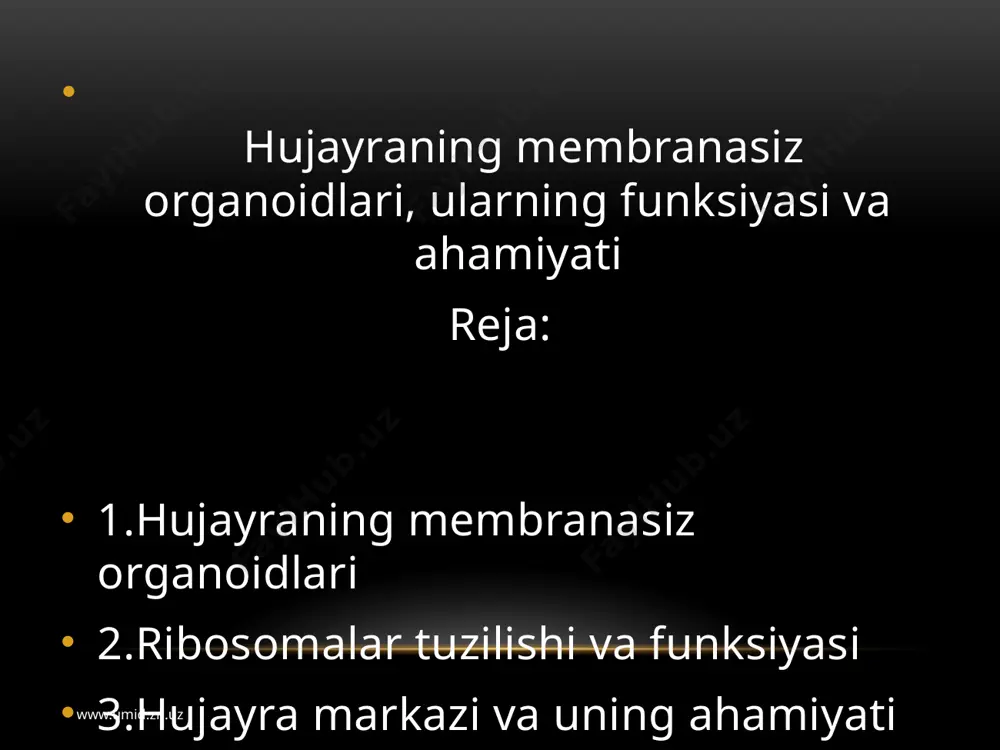 ayonida, qisqaruvchi halqaning shakllanishida, hujayraning shaklini belgilashda qatnashadi. muskul hujayrasi sitoplazmasida mikrofibrillalar mavjudligi tufayli muskul tolalari qisqaradi www.umid.zn.uz www.umid.zn.uz mikrofibrillalar yoki tayanch flbrillalar hayvon hujayrasi uchun xos bo‘lib, u asosan epiteliy hujayralarida va b a ’zan glial hujayralarda uchraydi. m ikrofibrillalar oqsil tabiatli b o ‘lsa kerak. ular bir necha yuz fibrillalardan tashkil topgan tutamlar hosil q ilish i m u m k in , m ik r o n a y c h a la r sin g ari tay a n c h funksiyasini o ‘taydi. www.umid.zn.uz www.umid.zn.uz etiboringiz uchun rahmat www.umid.zn.uz image3.jpeg image4.jpeg image5.jpeg image6.jpeg image7.jpeg image8.jpeg image9.jpeg image10.jpeg image11.jpeg image12.png image13.jpeg image1.png /docprops/thumbnail.jpeg