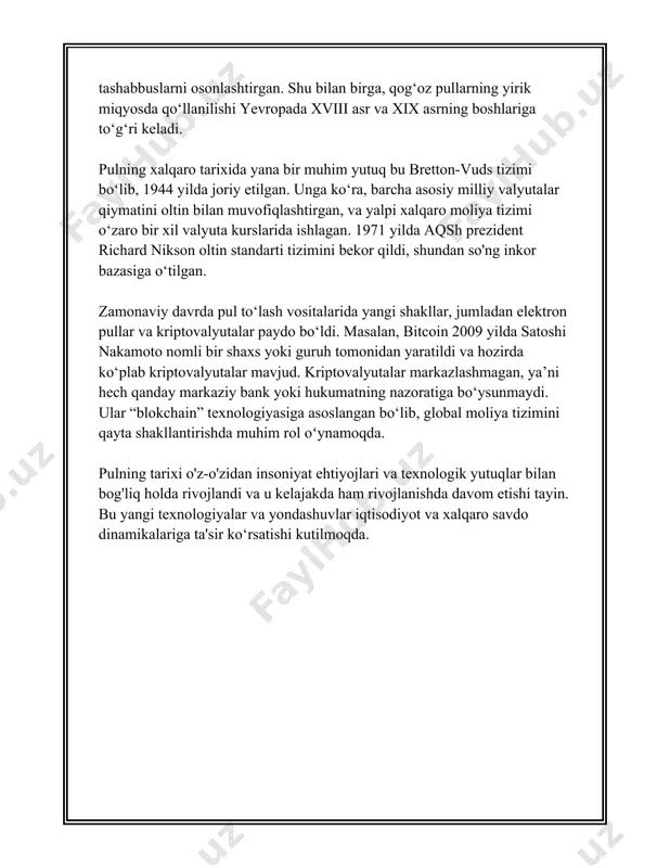 i. shu sababli, pul siyosati va moliya boshqaruvi davlatlar uchun strategik ahamiyatga ega masalalardan biridir. pul va uning funksiyalari haqidagi amaliy tushunchalar har bir fuqaroning kundalik hayotida ham ko‘zga tashlanadi. pulning amaliy qo‘llanilishi va undan samarali foydalanish jamiyatdagi iqtisodiy farovonlikka ijobiy ta’sir ko‘rsatadi. o‘quv va targ‘ibot ishlari orqali moliyaviy savodxonlikni oshirish davlatning iqtisodiy siyosatining muhim bir qismi bo‘lishi kerak, chunki bu aholining moliyaviy resurslardan oqilona foydalanishini ta’minlaydi. yuqorida bayon etilgan pulning funksiyalari va ularning amaliy ahamiyati pul tizimi va moliyaviy siyosatning barqaror va samarali bo‘lishini ta’minlashda, shuningdek, iqtisodiyotda ishonchni kuchaytirishda muhim rol o‘ynaydi. 3. pul turlari pul turlari haqida gapirganda, asosan uchta asosiy turga ajratish mumkin: naqd pul, elektron pul, va virtual valyutalar. ushbu turdagi pullar hozirgi zamonaviy iqtisodiyotda muhim ahamiyat kasb etadi va har birining o‘ziga xos xususiyatlari hamda qo‘llanish sohasi mavjud. 1. **naqd pul:** naqd pul bosh initial pul bosimidan tortib boy berilashtirilgan tanglargacha bo'lgan har qanday jismoniy …