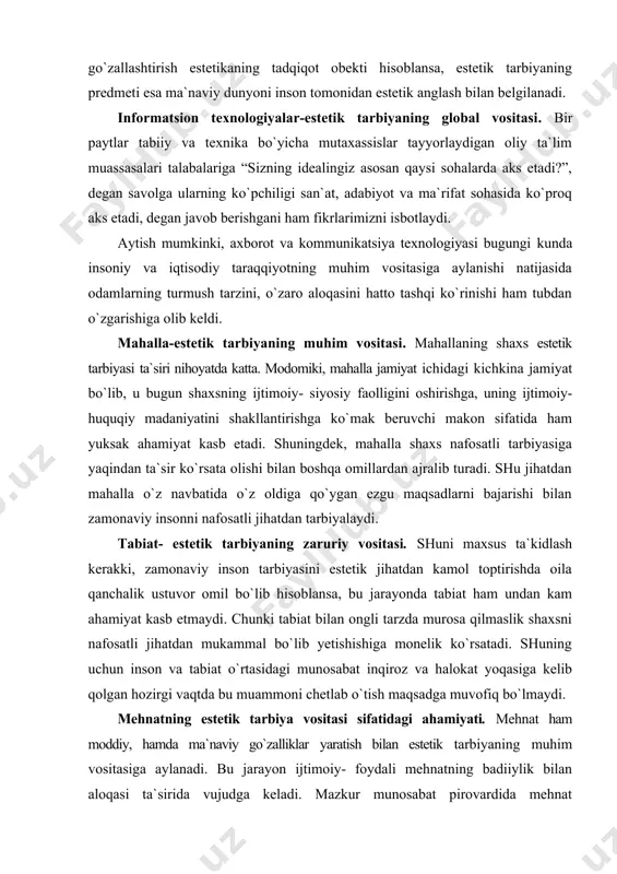 i. shuning uchun inson va tabiat o`rtasidagi munosabat inqiroz va halokat yoqasiga kelib qolgan hozirgi vaqtda bu muammoni chetlab o`tish maqsadga muvofiq bo`lmaydi. mehnatning estetik tarbiya vositasi sifatidagi ahamiyati. mehnat ham moddiy, hamda ma`naviy go`zalliklar yaratish bilan estetik tarbiyaning muhim vositasiga aylanadi. bu jarayon ijtimoiy- foydali mehnatning badiiylik bilan aloqasi ta`sirida vujudga keladi. mazkur munosabat pirovardida mehnat vositalarining insonga keltiradigan zararini kamaytiradi. qolaversa, mehnatga ijodiy yondashuv jamiyat ma`naviy qiyofasini belgilovchi omil hisoblanadi. estetik tarbiyaga tahdidning ikkinchi jihati insonning tashqi va ichki ko`rinishidagi bog`liqlikni o`rganishga bo`lgan zaruriyat bilan belgilanadi. bu ilm bugungi kunda biologiya va tibbiyotda fizionomiya nomi bilan mashhur. vaholangki, o`tmishda bu sohaga jiddiy e`tibor berilib, qator risolalar yaratilgan. jumladan, olmon mumtoz faylasufi i.kant bu ilmga “ichki olamni o`rganuvchi ilm” deb ta`tif bergan bo`lsa, sharq allomalari bu borada “risolai fil farosa” (x asr), “farosatnoma” (xvi asr) kabi asarlarni yozib qoldirganlar. odatda, farosat tushunchasi estetik baho bilan belgilanadi. u ranjish, nomunosib …