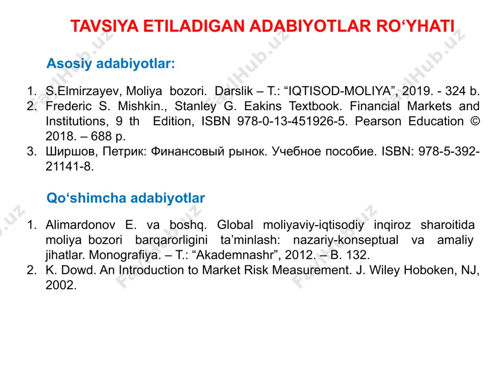 omonidan maqsadli amalga oshirilishi uchun zaruriy bozor sharoitlarini yaratib beruvchi majmua sifatida namoyon bo'luvchi tizim. moliyaviy bozorda moliyaviy aktivlar sotiladi va sotib olinadi. o‘z navbatida, qarz majburiyatlari, aksiyalar va hosila qimmatli qog‘ozlar moliyaviy aktivlarning asosiy turlaridan bo‘lib hisoblanadi. moliya bozirning funksiyalari kapitalni vaqt, tarmoqlararo va mamlakatlararo qayta taqsimlash; kapital jamlash va korxonalarga ulush kiritish; to‘lov-hisob-kitob; risklarni boshqarish; axborotlar assimmetriyasi bilan bog‘liq muammolarning oldini olish. kapital jalb qiluvchilar (qarz oluvchilar) kapital jalb qiladilar investorlar kapital joylashtiradilar vositachilar moliyaviy xizmatlar taqdim etadilar moliya bozori ishtirokchilari moliyaviy bozor segmentlari moliya bozori segmentlari kredit bozori pul (valuta) bozori qimmatli qog’ozlar bozori sug’urta va xususiy pensiya bozori qimmatbaho metallar bozori moliya bozorida vositachilar tiplari moliya bozori tasnifi va turlari tavsifi ta’kidlash joizki, moliya bozorining qmab va umab qismlarida moliya institutlariga oid pul, valyuta, kredit vositalari va sug’urta instrumentlar muomalada bo’ladi. - qmab – qisqa muddatli (1 yilgacha) monetizatsiyalashgan moliyaviy aktivlar (qimmatli qog’ozlardan tashqari) bozori; - …
