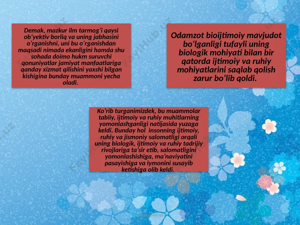 . produtsentlarga xemosintezlovchi organizmlarni xam kiritish mumkin. ikkinchi zvenosi utxur (birlamchiiste’mol kiluvchilar) va gushtxur (ikkinchi iste’mol kiluvchilar) xayvonlar yoki konsumentlar tashkil etadi. www.arxiv.uz www.arxiv.uz oziq zanjirining uchinchi zvenosini organik moddalarni mneral moddalargacha parchalovchi mikroorganizmlar (redutsentlar) xosil etadi. ikinchi va uchinchi zveno geterotrod organizmlar xisoblanadi. tabiatda ozik zanjiri odatda uch-turt darajadan tashkil topadi. bir darajadan ikkinchi darajaga utishda energiyasining va moddaning mikdori taxminan un martaga yakin kamaya boradi, chunki kabul kilingan energiyaning 90 foizga yakini organizmlarning xayot faoliyatini ta’minlashga sarflanadi. www.arxiv.uz qolgan un foizgina organizmlar tanasining tuzilishi uchun sarf buladi. shu tufayli xar bir keyingi ozik darajasida individlar soni xam progrissif kamaya boradi. masalan, urtacha olganda 1000 kg usimliklarni yeganda xayvon 100 kg gacha semiradi. bunday massali utxur xayvonni egan yirtkichlarning biomassasi 10 kg gacha utishi mumkin, ikkilamchi yirtkichlarni fakat 1kg gacha ortadi. e’tiboringiz uchun rahmat !!! www.arxiv.uz audio1.wav image2.jpeg image3.jpeg image4.png image5.jpeg image6.jpeg image7.jpeg image8.jpeg image1.jpeg /docprops/thumbnail.jpeg