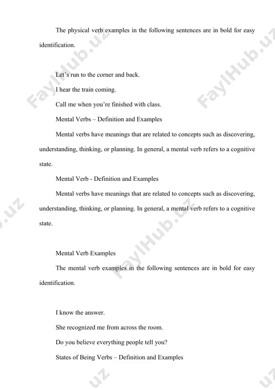 formers. please is quiet. types of verbs there are many types of verbs. in addition to the main categories of physical verbs, mental verbs, and state of being verbs, there are several other types of verbs. in fact, there are more than ten different types of verbs that are grouped together by function. list of all verb types action verbs action verbs express specific actions and are used any time you want to show action or discuss someone doing something. it’s important to remember that the action does not have to be physical. action verb examples: run dance slide jump think do go stand smile listen. the action verb examples in the following sentences are in bold for easy identification. i run faster than david. he does it well. she thinks about poetry all day long transitive verbs transitive verbs are action verbs that always express doable activities that relate …