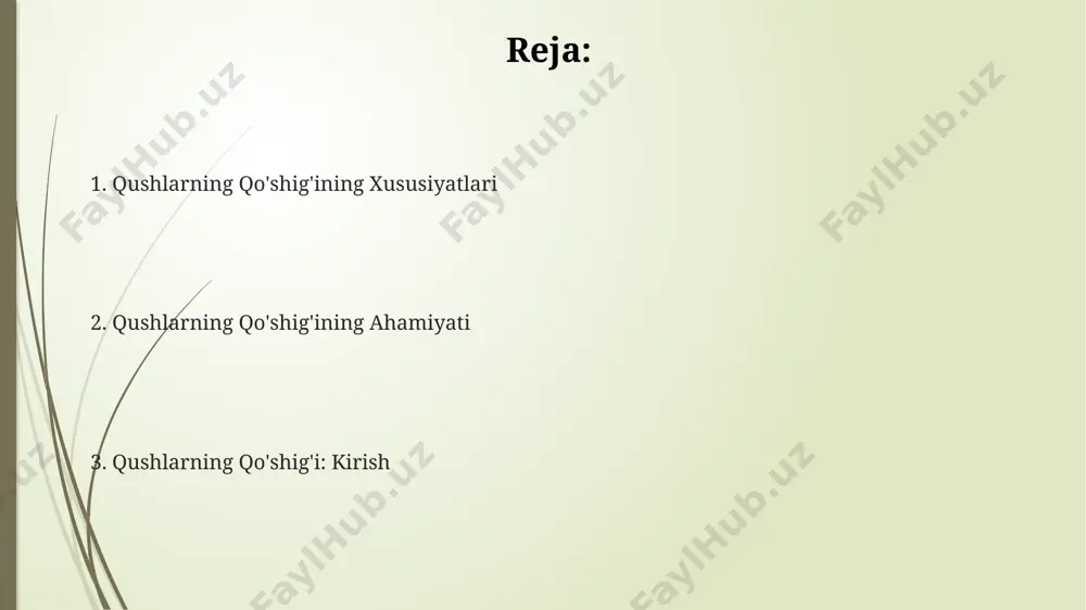 rning qo‘shig‘i, 100 dan ortiq turdagi qushlarning 2000 dan ziyod turli chastotalardagi tovushlarini o‘z ichiga olishi mumkin, bu esa insonlarning kayfiyatiga va psixologik holatiga sezilarli ta’sir ko‘rsatadi. ba’zi tadqiqotlar shuni ko‘rsatdiki, qushlarning qo‘shig‘ini muntazam tinglash inson miyasidagi alfa to‘lqinlarining faolligini 25% ga oshirishi mumkin, bu esa stressni kamaytirish va konsentratsiyani yaxshilashga yordam beradi. qushlarning qo‘shig‘ining biologiyasi erkak qushlarning 90% dan ortig‘i o‘z hududlarini himoya qilish va urg‘ochilarni jalb qilish uchun qo‘shiq aytadilar, bu esa jinsiy tanlash va tabiiy seleksiya jarayonlariga ta’sir qiladi. qo‘shiqning murakkabligi, ya’ni undagi tovushlar soni va ketma-ketligi, qushning miya hajmi va ijtimoiy murakkabligiga bevosita bog‘liq bo‘lib, 1000 dan ortiq turli tovushlardan iborat qo‘shiqlar ham mavjud. qushlarning qo‘shiqlari, asosan, 2-5 khz chastota diapazonida bo‘lib, turli xil chaqiriqlar va ohanglarni o‘z ichiga oladi, bu esa ularning o‘ziga xos akustik muhitini yaratadi. e'tiboringiz uchun rahmat @taqdimot_robot