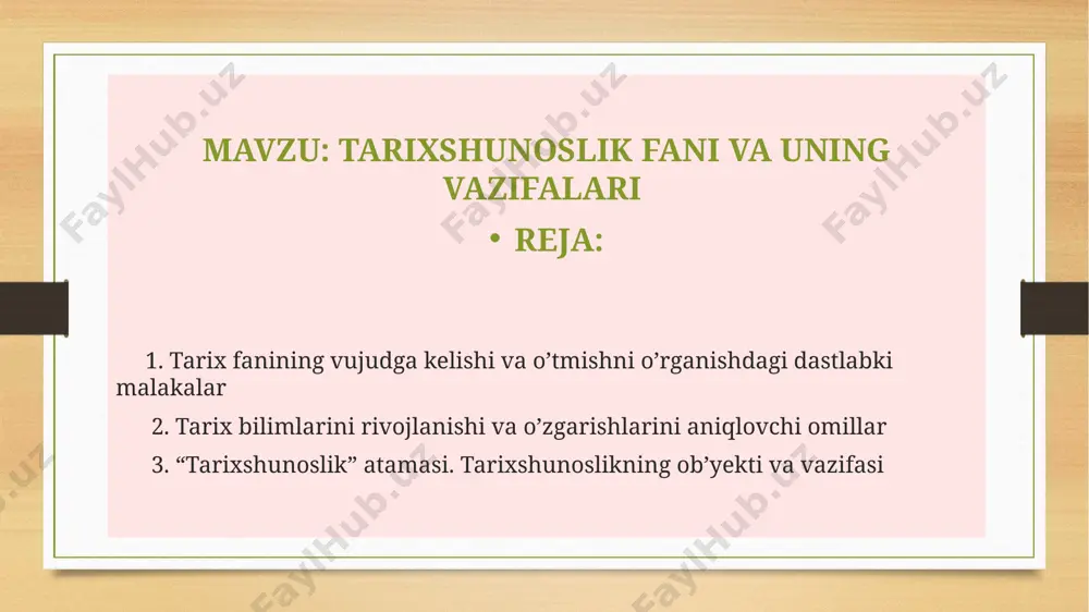 tarixini, unda faoliyat koʻrsatgan ilmiy kadrlarning salohiyati, ularning fan rivojiga qoʻshgan hissalarini oʻrganish kabi vazifalarni ham bajaradi. tarixshunoslik tarix fanlari tizimida o‘ziga xos mustaqil o‘ringa ega. faning o‘z manbalari, tadqiqot usullari mavjuddir. tarixshunoslik fanini oliy ta’lim tizimida o‘qitishdan asosiy maqsad talabalarda qadimgi davrdan hozirgi kungacha yaratilgan tadqiqotlar, ularning haqqoniyligi, qimmati, fikrlar xilma-xilligi, tarixiy shaxslar va voqealarni baholash, tarixiy bilimlarni to‘plash, tarixchilarning monografiya, ilmiy tadqiqot va maqolalarini o‘rganishda tarixiylik tamoyillarga asoslanib xulosa chiqarishga o‘rgatishdir. fanning vazifasi esa adabiyotlarning qiyosiy tahlilini amalga oshirish, tarixiy voqealarni har tomonlama tahlil qilishdir. tarixshunoslikning ob’ekti tarixiy jarayonning o‘zi bo‘lmay, balki tarixiy tafakkur, uni o‘rganish, tarix haqidagi fan hisoblanadi. masalan, o‘zbekiston tarixida o‘rta osiyoning ilk o‘rta asrlar tarixi mavzusida o‘rta osiyo hududida ilk o‘rta asrlarda mavjud davlatlar, arablar istilosi, islom dinining yoyilishi, markazlashgan davlatlarning paydo bo‘lishi va hokazolarni o‘rganilsa, tarixshunoslik fanida esa bu davr tarixi o‘rta asrlarda, yangi davrda va bizning kunlarda qanday tadqiq etilganligini tahlil etadi. …